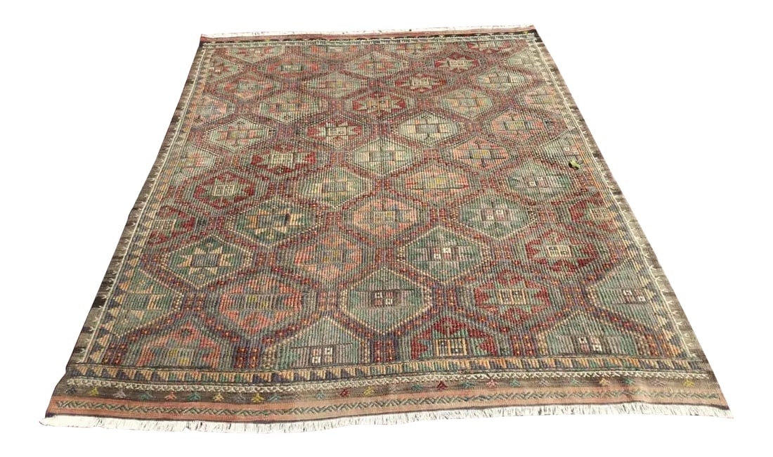 Vintage Rustic Turkish Kilim Rug - 80" X 103": This beautiful, vintage, handwoven kilim is approximately 60 years old. It is handmade, of very fine quality hand spun wool in all natural colors. It has been professionally cleaned and is ready to