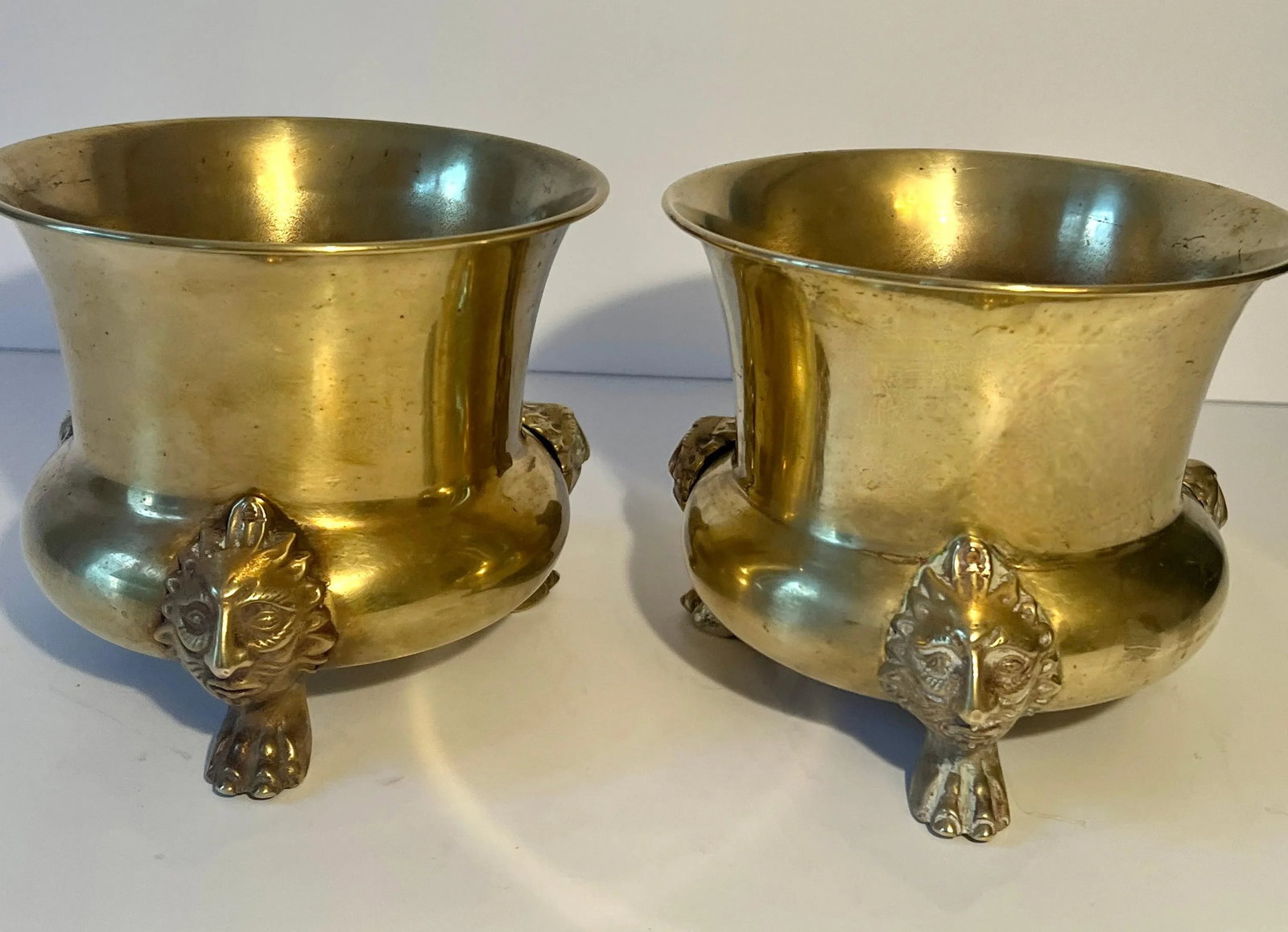Pair of Brass Planters or Jardinieres with Lion Paw Feet - 12