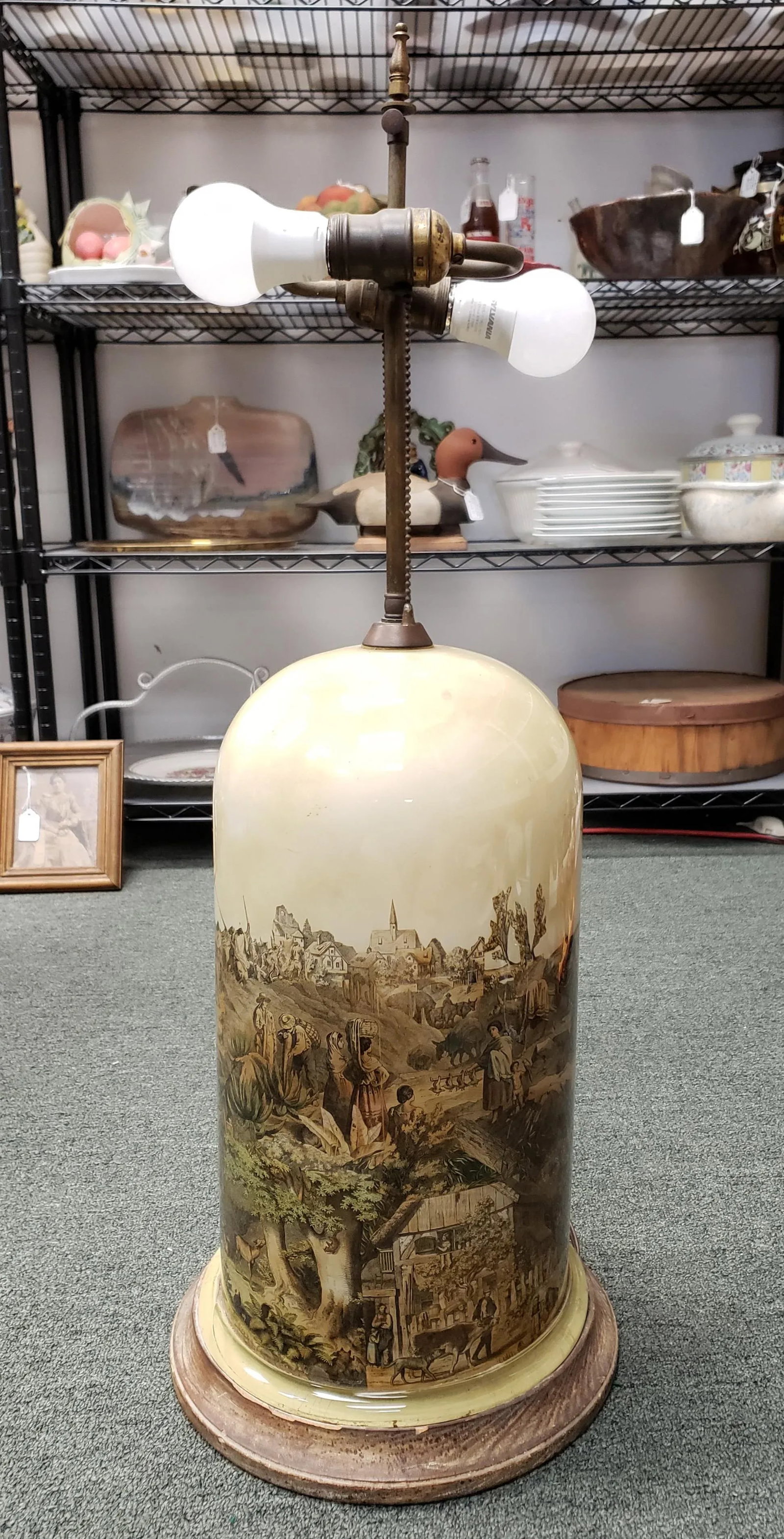 Circa 1930 English Transferware Glass Dome Base Table Lamp With American Western Frontier Motifs - 12