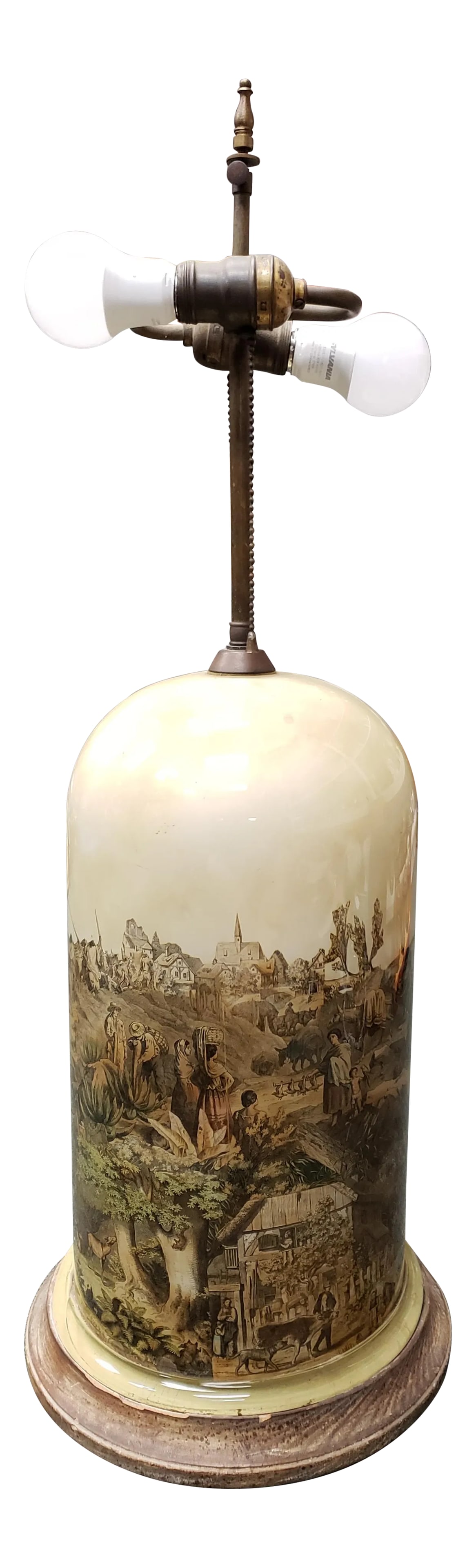 Circa 1930 English Transferware Glass Dome Base Table Lamp With American Western Frontier Motifs: Up for sale is a Circa 1930 English Transferware Glass Dome Base Lamp with American Western Frontier Motifs! It measures 31" tall to the top of the finial and 11" in diameter at the base. The piece is