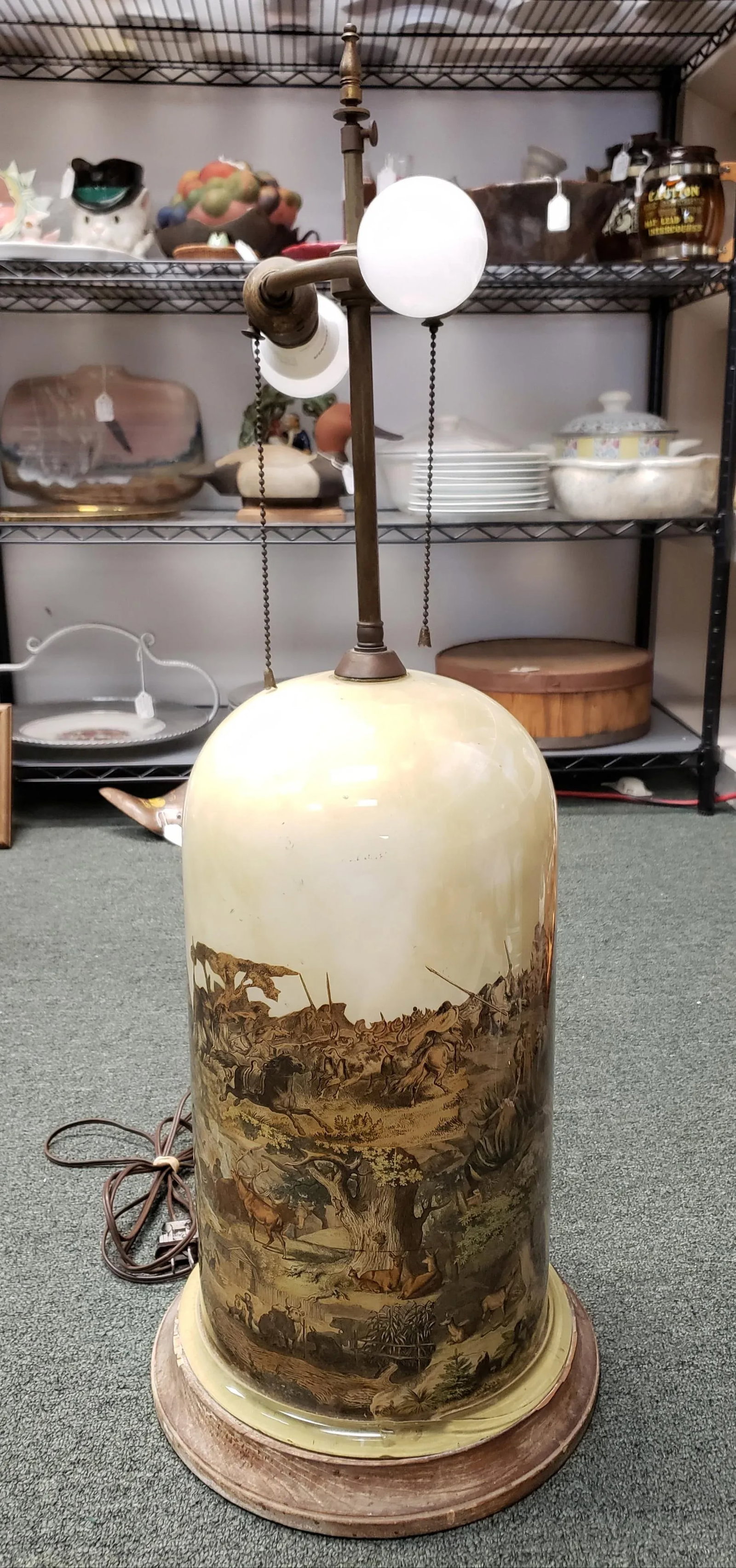 Circa 1930 English Transferware Glass Dome Base Table Lamp With American Western Frontier Motifs - 7