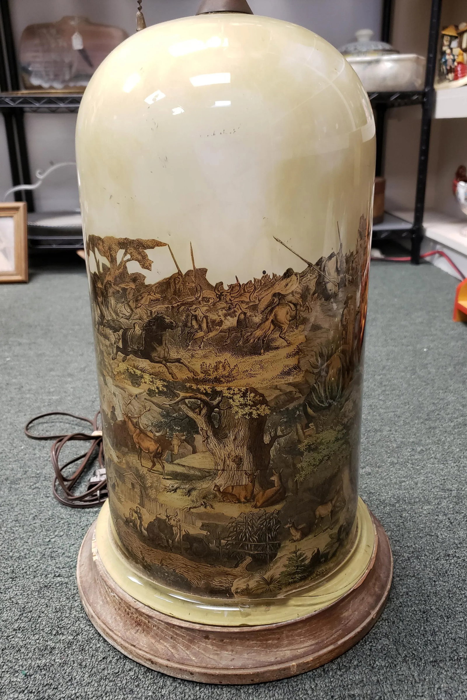 Circa 1930 English Transferware Glass Dome Base Table Lamp With American Western Frontier Motifs - 8