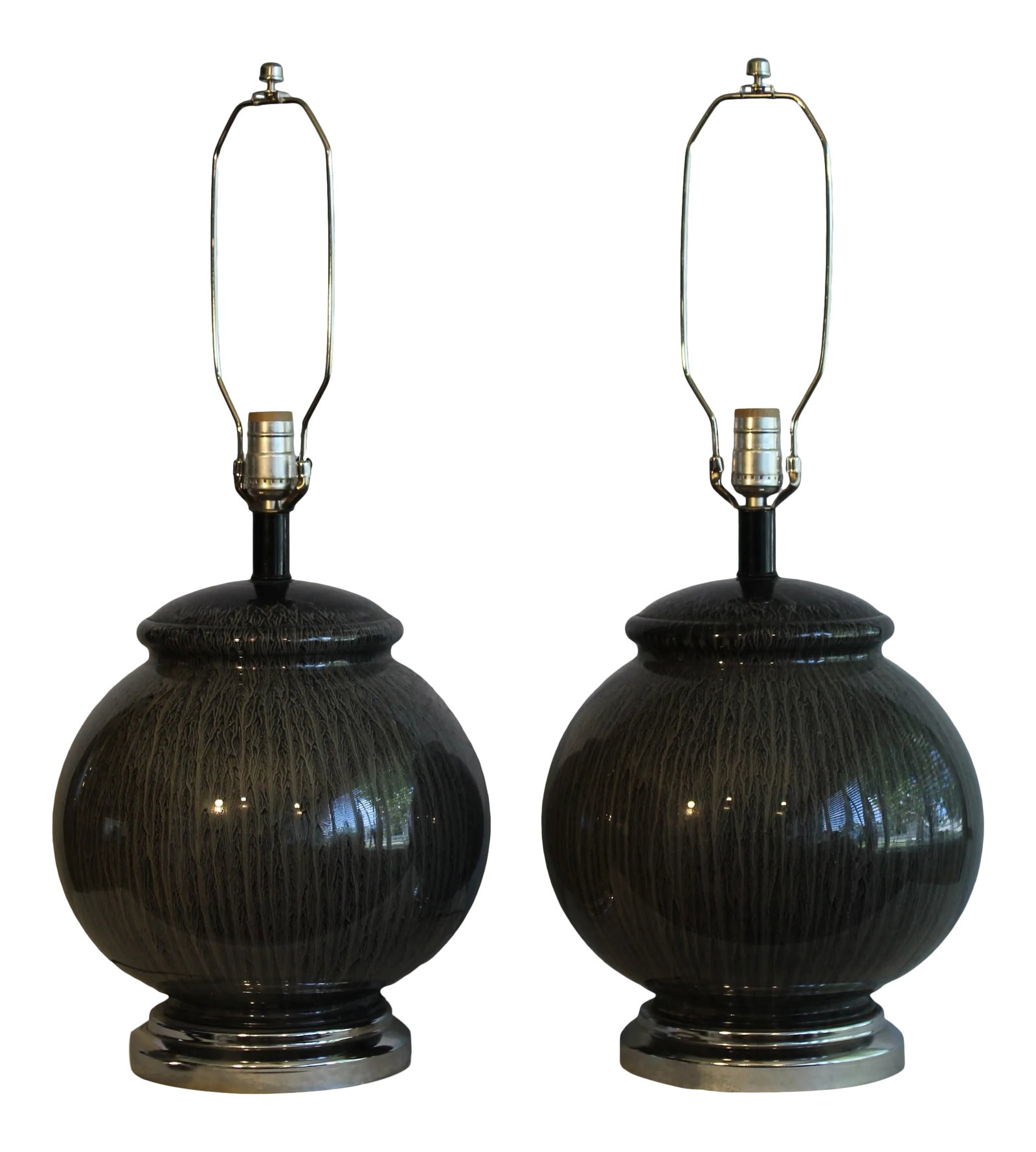 Tyndale Mid-Century Modern Pin Striped Table Lamps - a Pair: Beautiful pair of Tyndale invert painted are glass lamps.Glass spheres with abstract painted blended hews, Mounted on nickel chrome bases. These lamps have a presence. Would enhance low rise Mid Centu