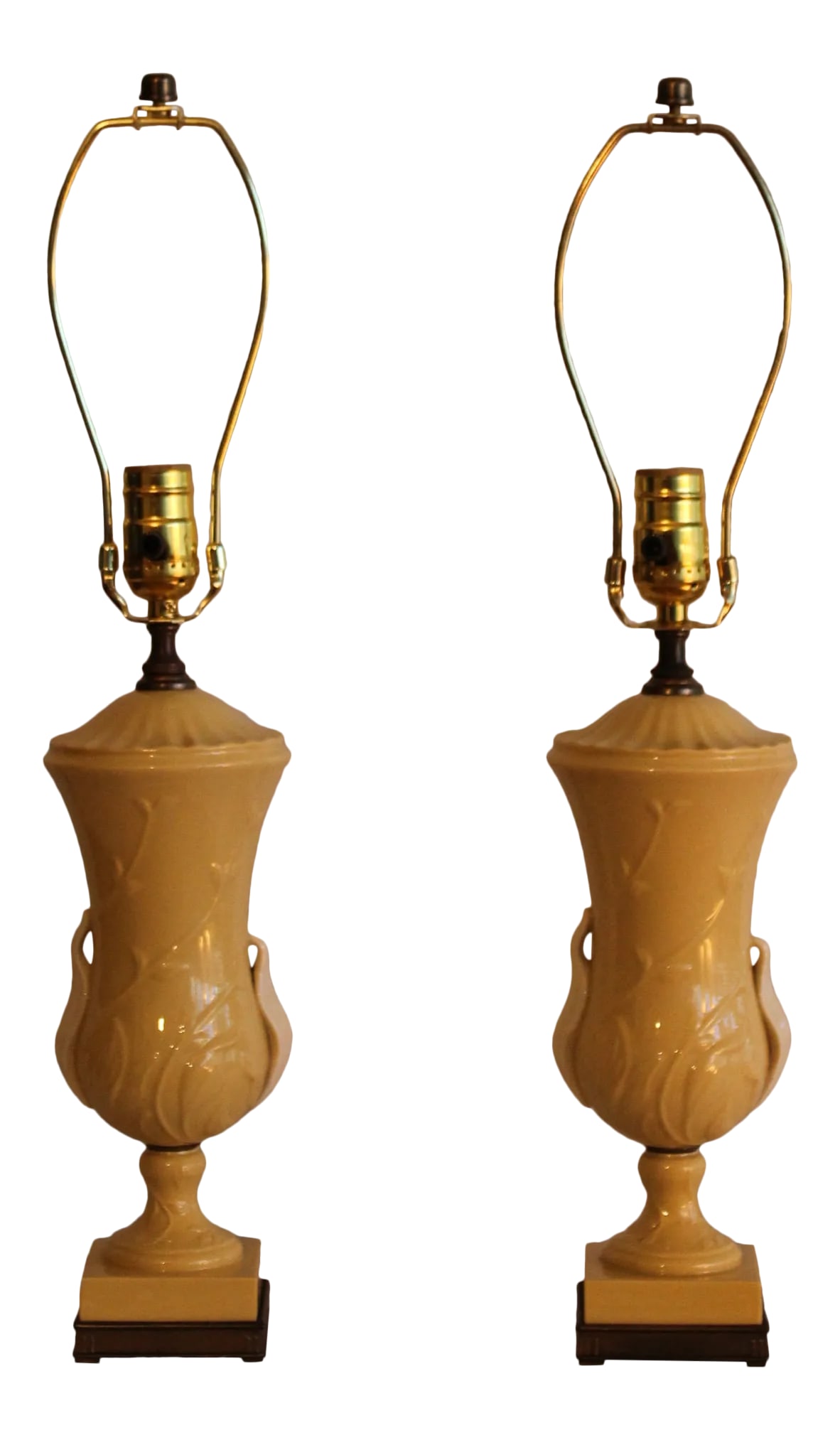 1930s Lenox China Lamps - a Pair: A beautiful pair of Lenox China Table lamps. Neoclassic in style. Simple and elegant. Soft creamy yellow. with bone china accents. Bronze finish fittings and bases. Dimensions are 4.5 at widest. ! 3 i