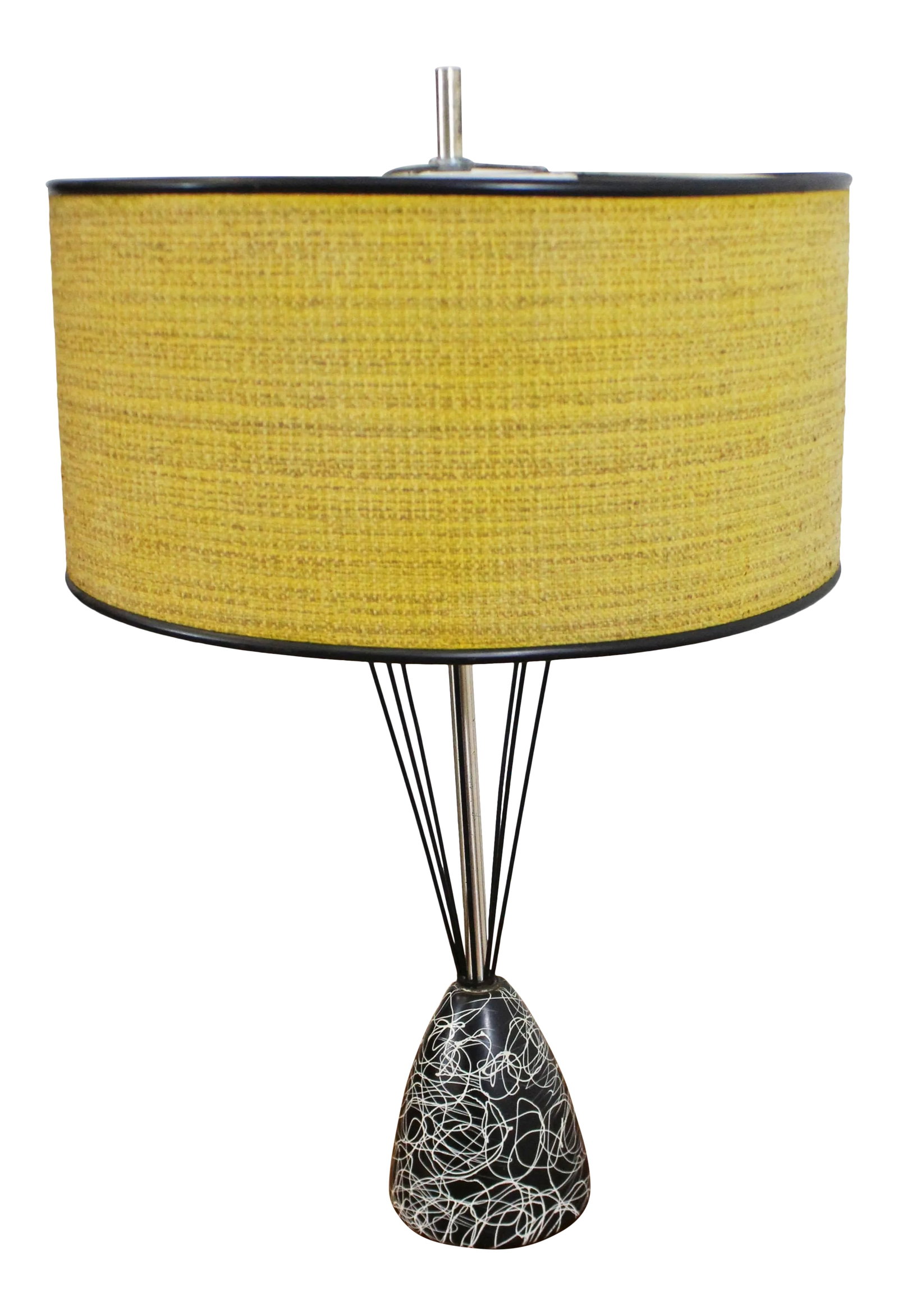 Mid-Century Modern Caged Wire Base Drum Shade Painted Table Lamp: Offered is a one-of-a-kind retro mid-century modern table lamp with a caged wire-base and drum shade. This lamp has a painted metal and wire base. The drum shade sits on a glass shade (see photos).