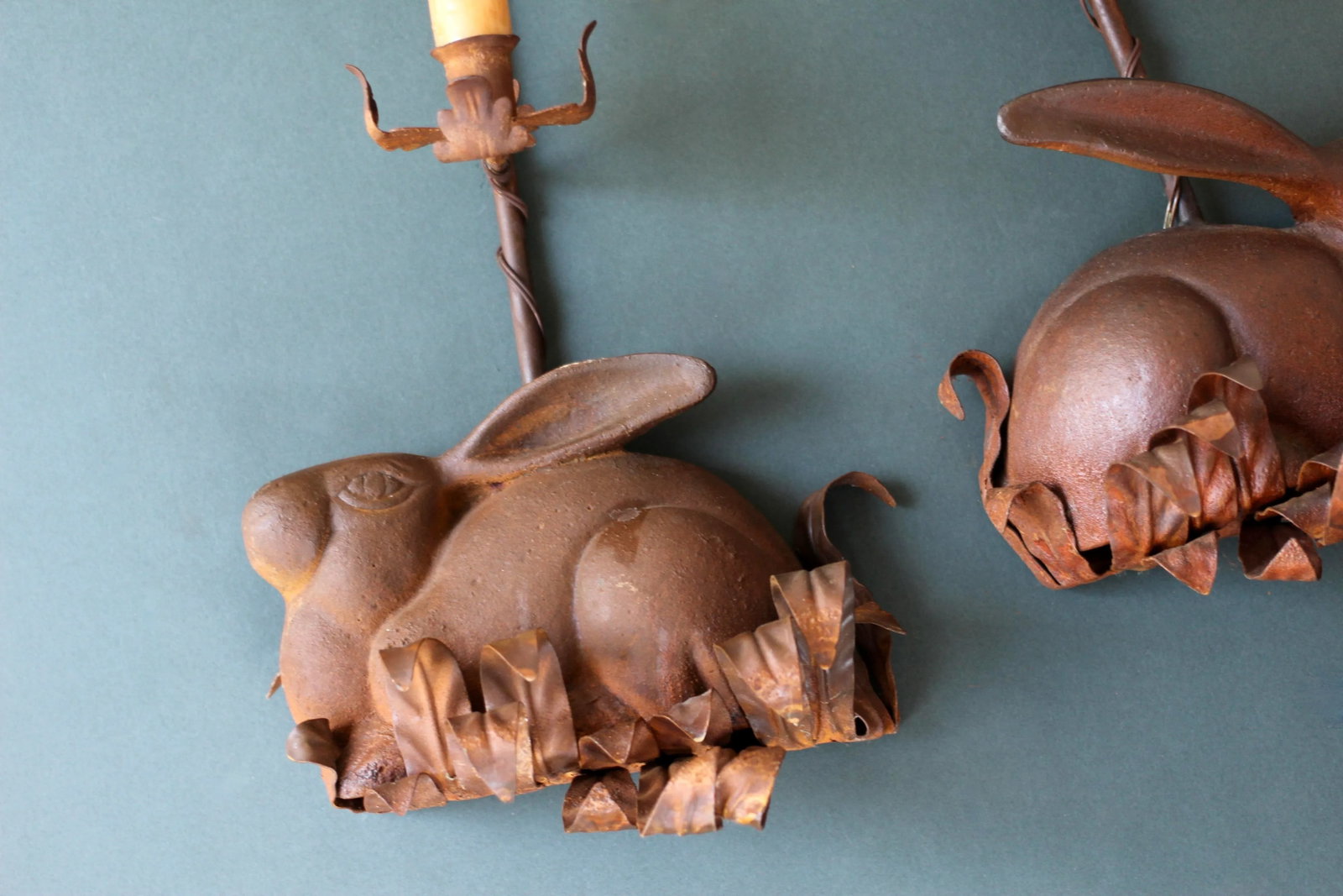 Pair of 1960s Cast Iron Rabbit Electric Candle Sconces - 5