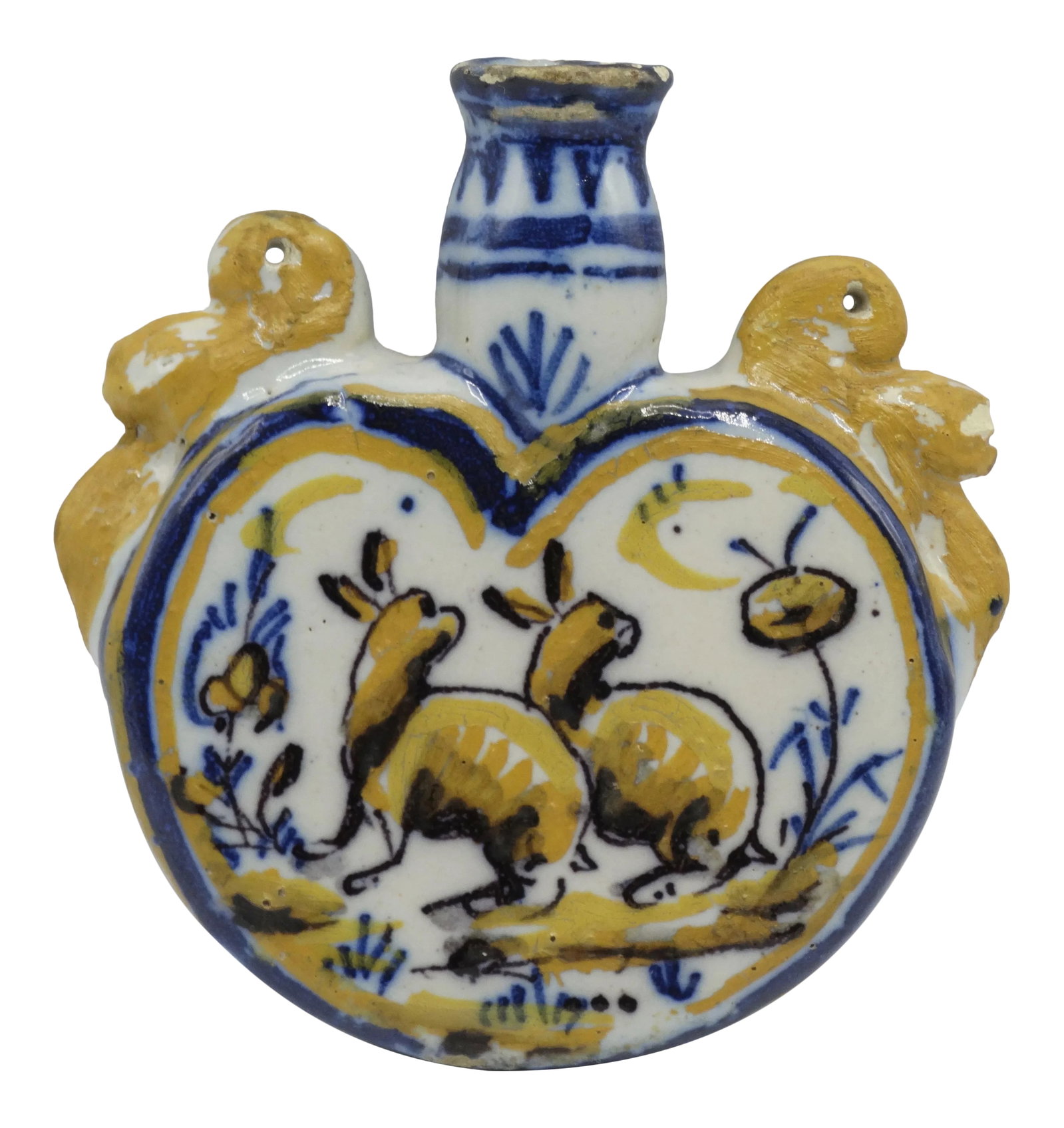 Antique French Faience Flask With Dog & Rabbits: 19th-Century French polychrome Delft faience flask. This lovely old flask is hand crafted and hand painted in ochre and blue. It depicts a pair of rabbits and a dog on the reverse side. It has 2