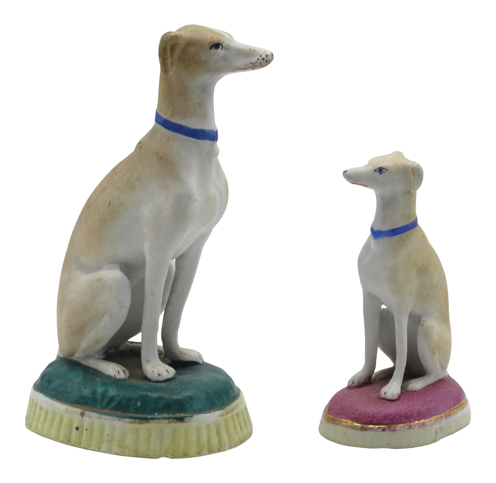 Antique Porcelain Bisque Whippets Figurines, S/2: Fine quality late 19th-Century set of 2 English Staffordshire whippets hand molded of porcelain bisque. These classic, elegant greyhound figurines are delicately hand painted in lovely muted tones.
