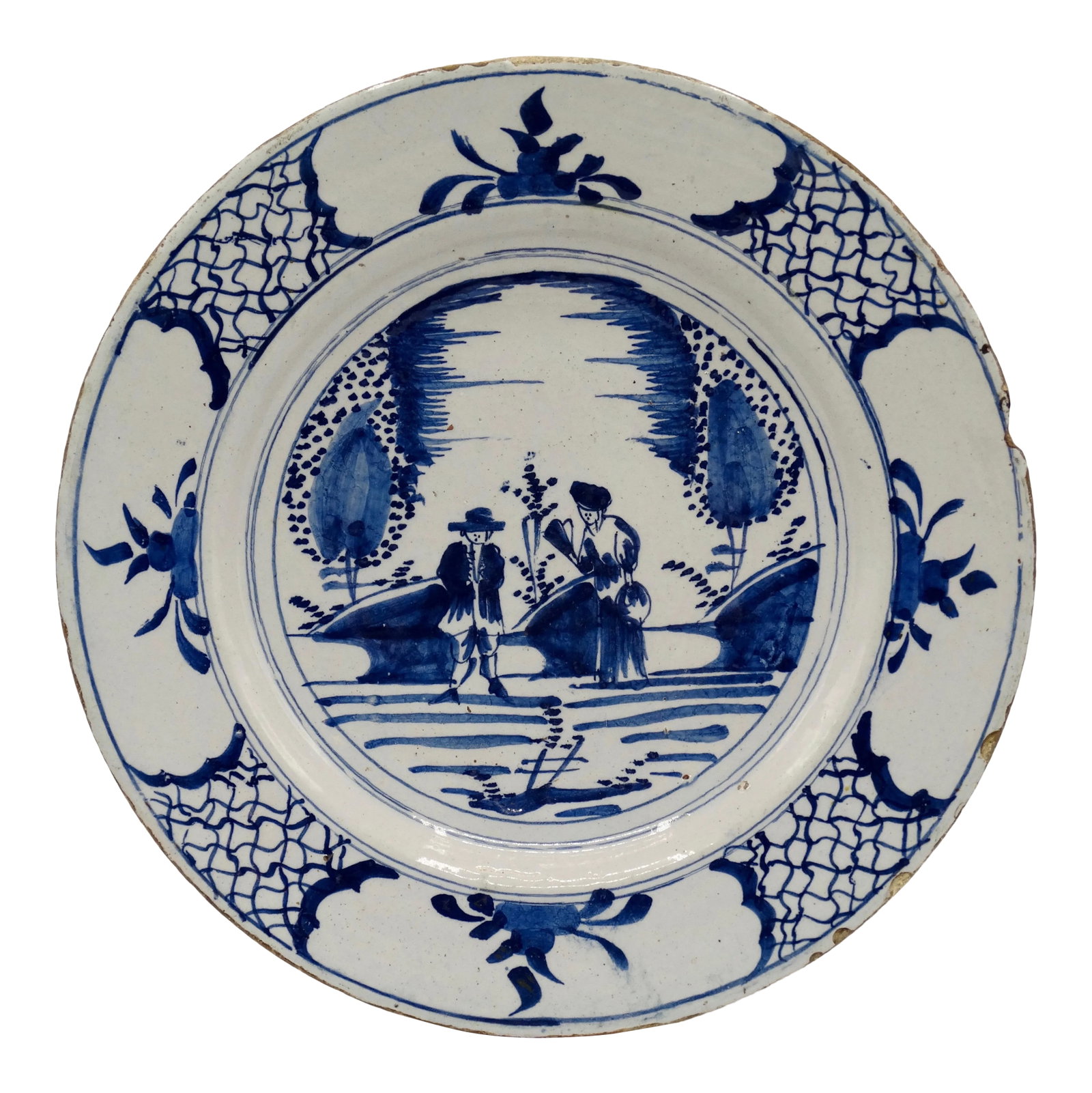 Antique Delft Chinoiserie Charger With Figures: 18th-Century Dutch Delft chinoiserie charger hand molded and hand painted in cobalt blue. It has a lovely scene with two Chinese figures surrounded by a geometric design. This was made during the time