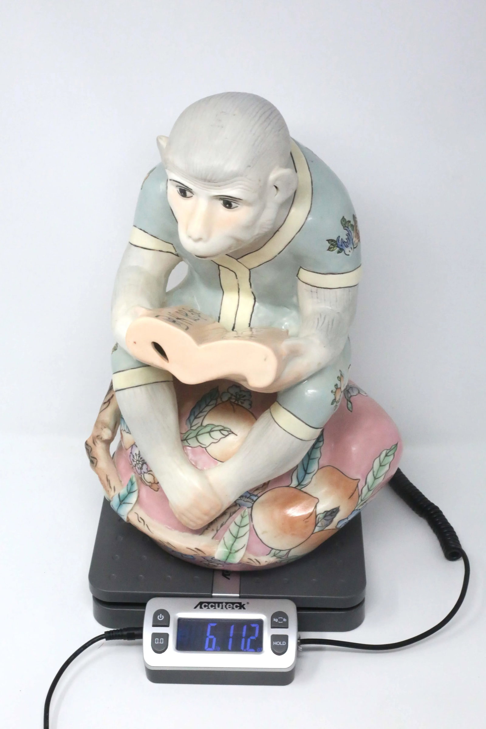 Vintage 13" Hand-Painted Reading Monkey on a Peach Figurine - 11