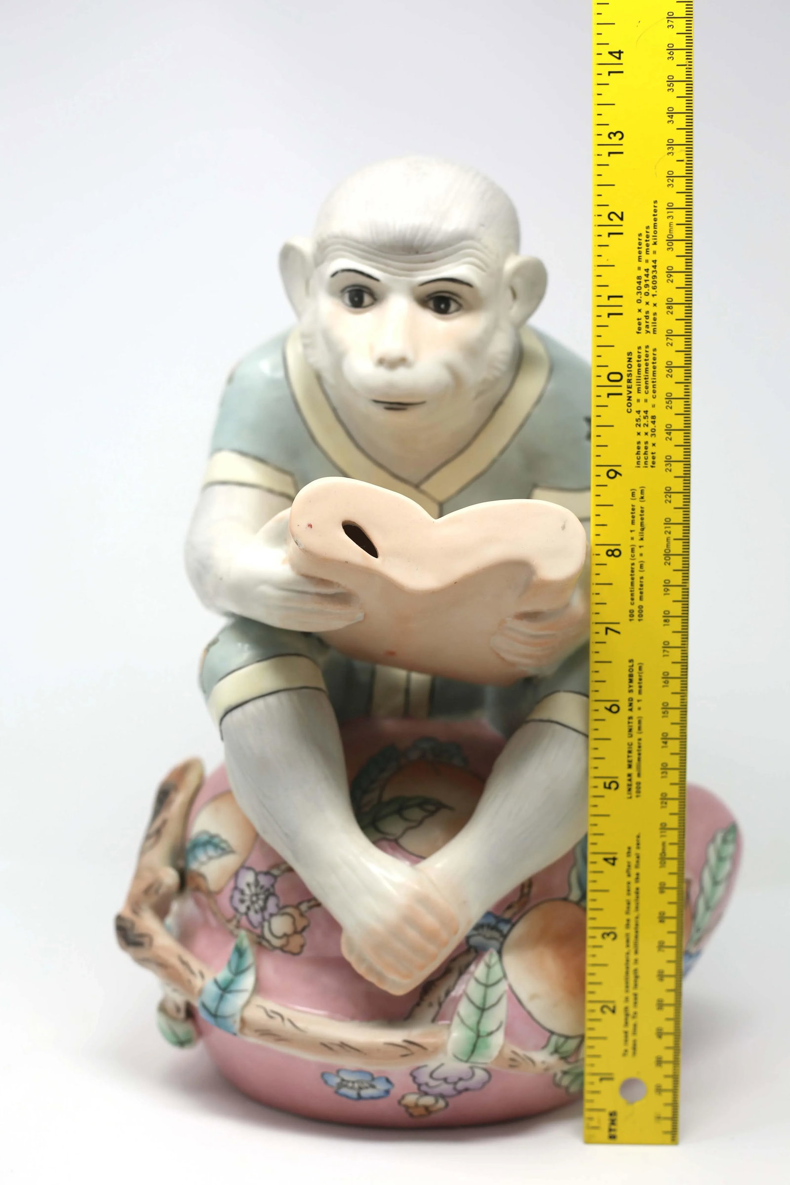 Vintage 13" Hand-Painted Reading Monkey on a Peach Figurine - 12
