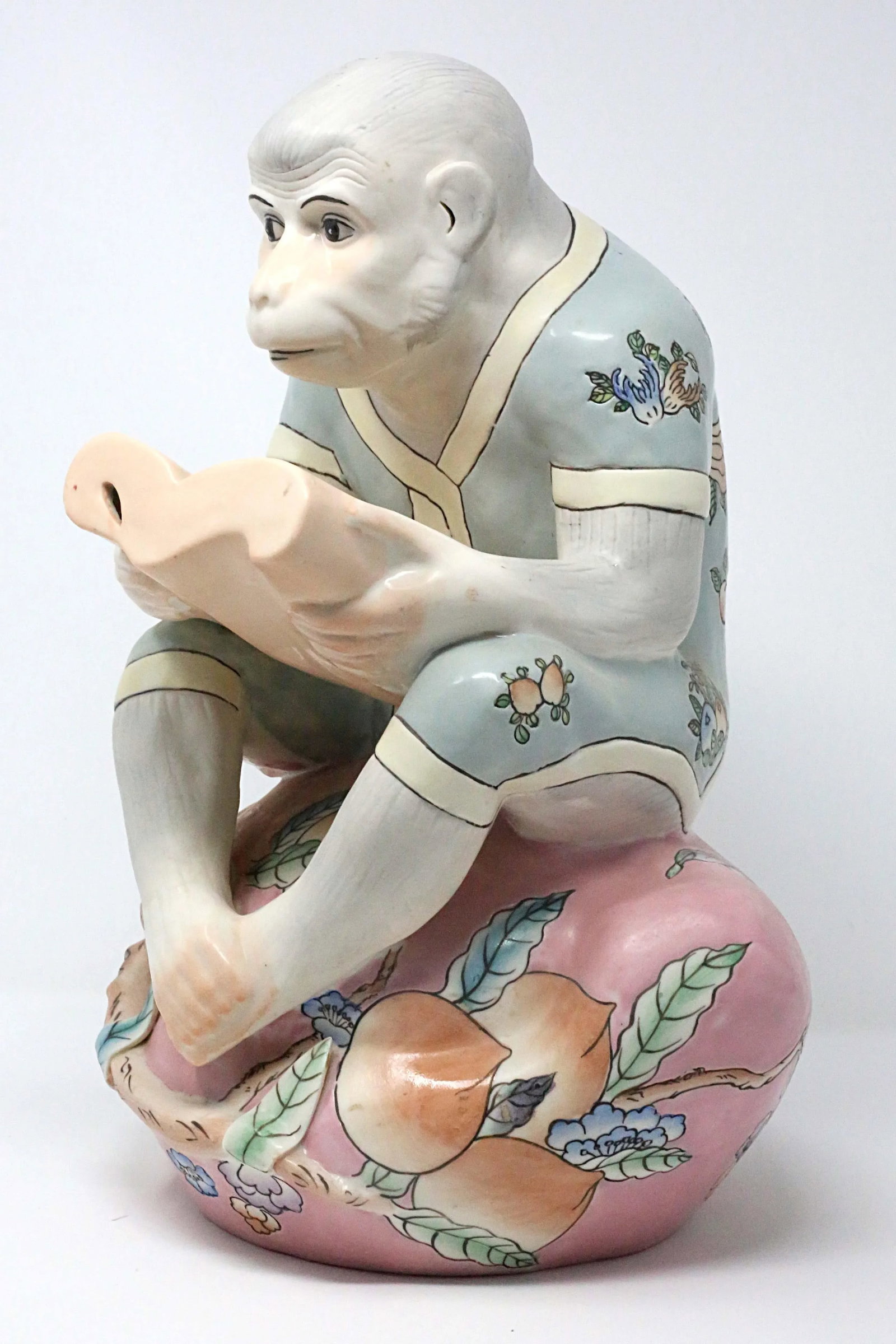 Vintage 13" Hand-Painted Reading Monkey on a Peach Figurine - 13