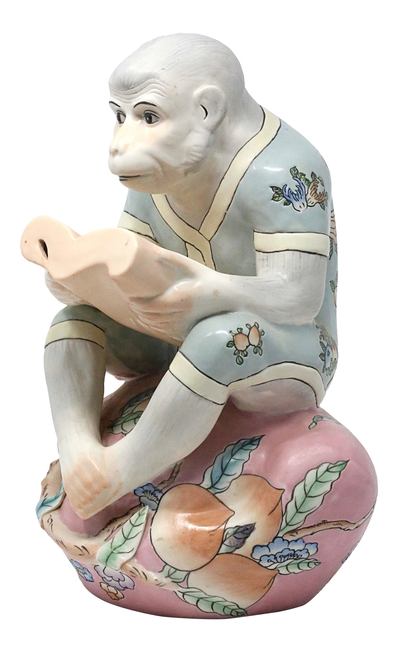 Vintage 13" Hand-Painted Reading Monkey on a Peach Figurine: An unusual, beautifully hand-painted ceramic figure of a reading monkey, seated on a peach fruit. Extensive pastel-hued details all over. EXCELLENT condition; no chips or cracks. Condition: