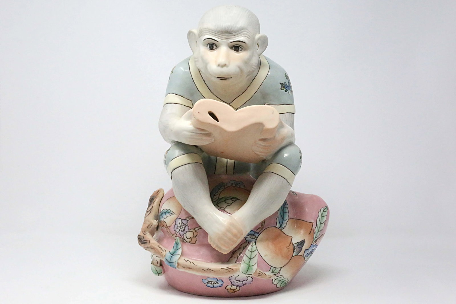 Vintage 13" Hand-Painted Reading Monkey on a Peach Figurine - 2
