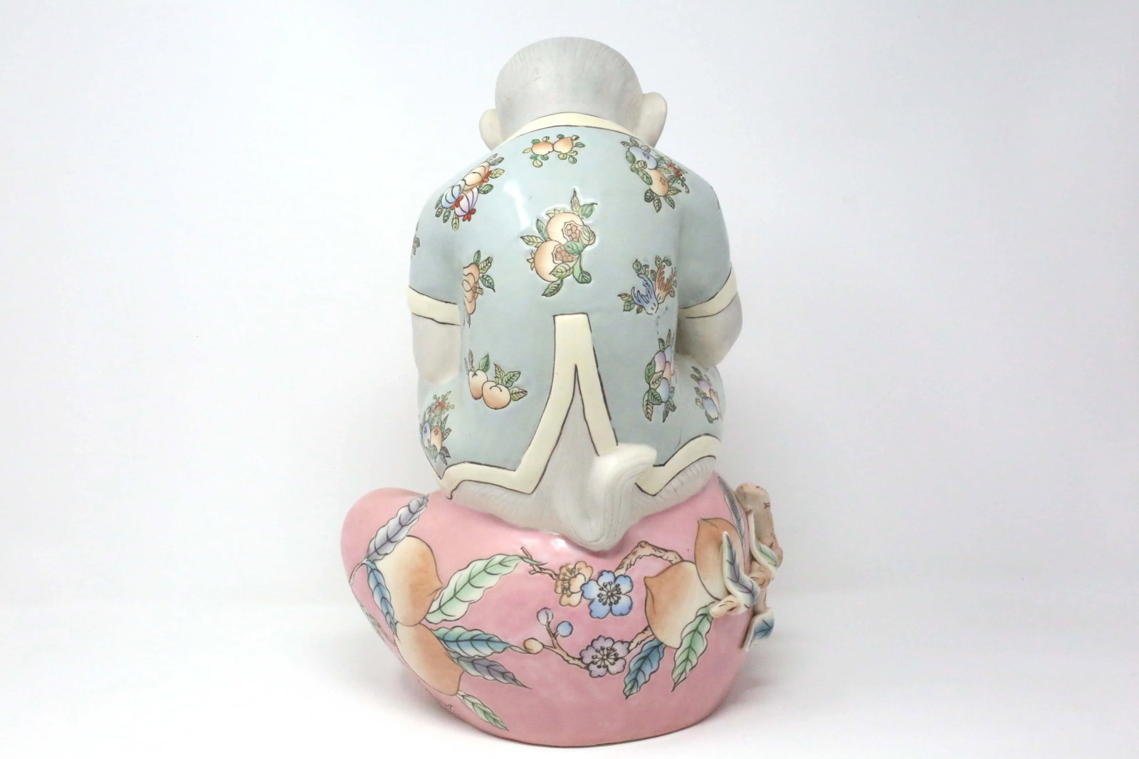 Vintage 13" Hand-Painted Reading Monkey on a Peach Figurine - 3