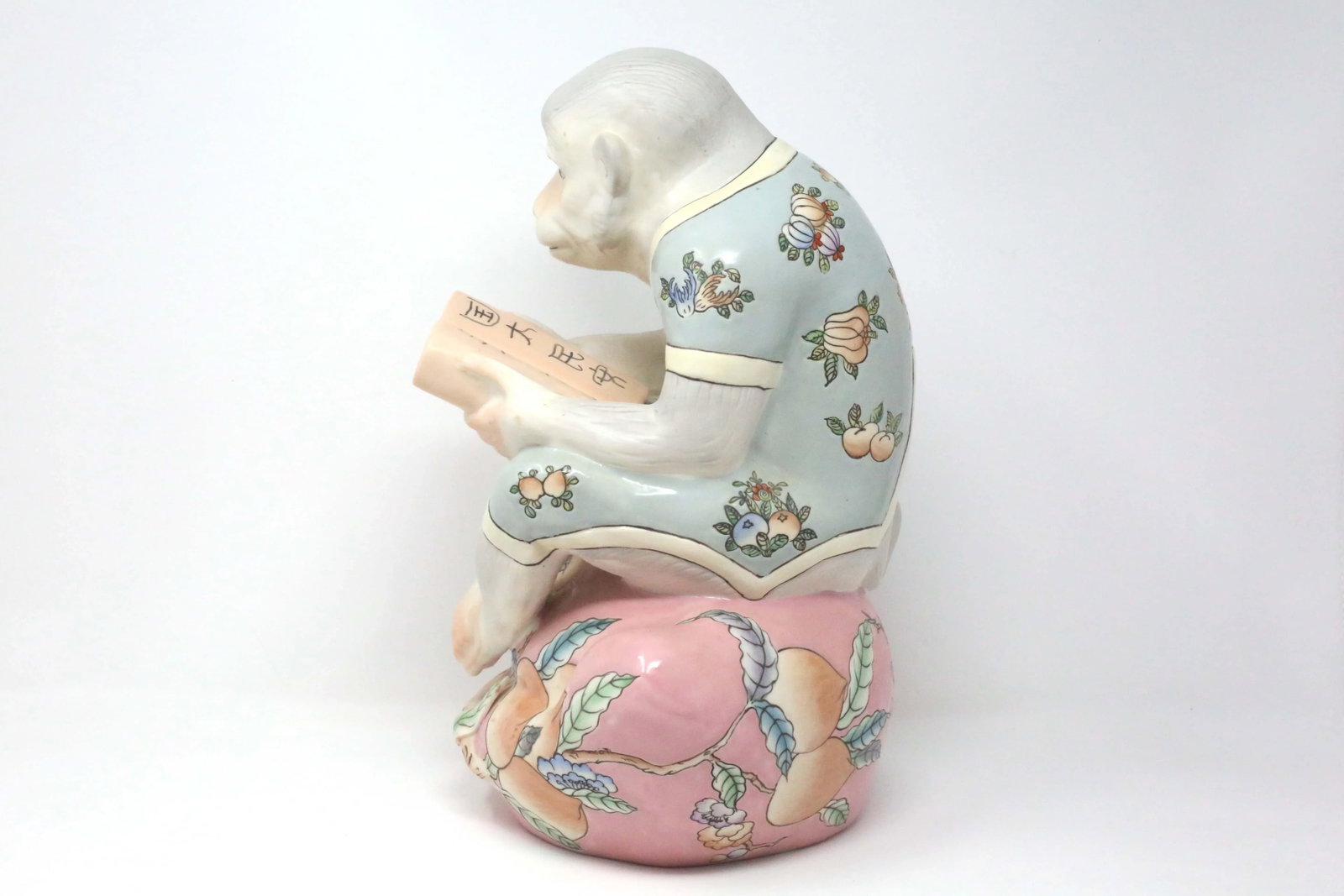 Vintage 13" Hand-Painted Reading Monkey on a Peach Figurine - 4