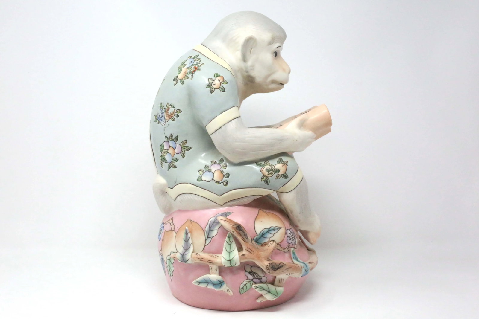 Vintage 13" Hand-Painted Reading Monkey on a Peach Figurine - 5