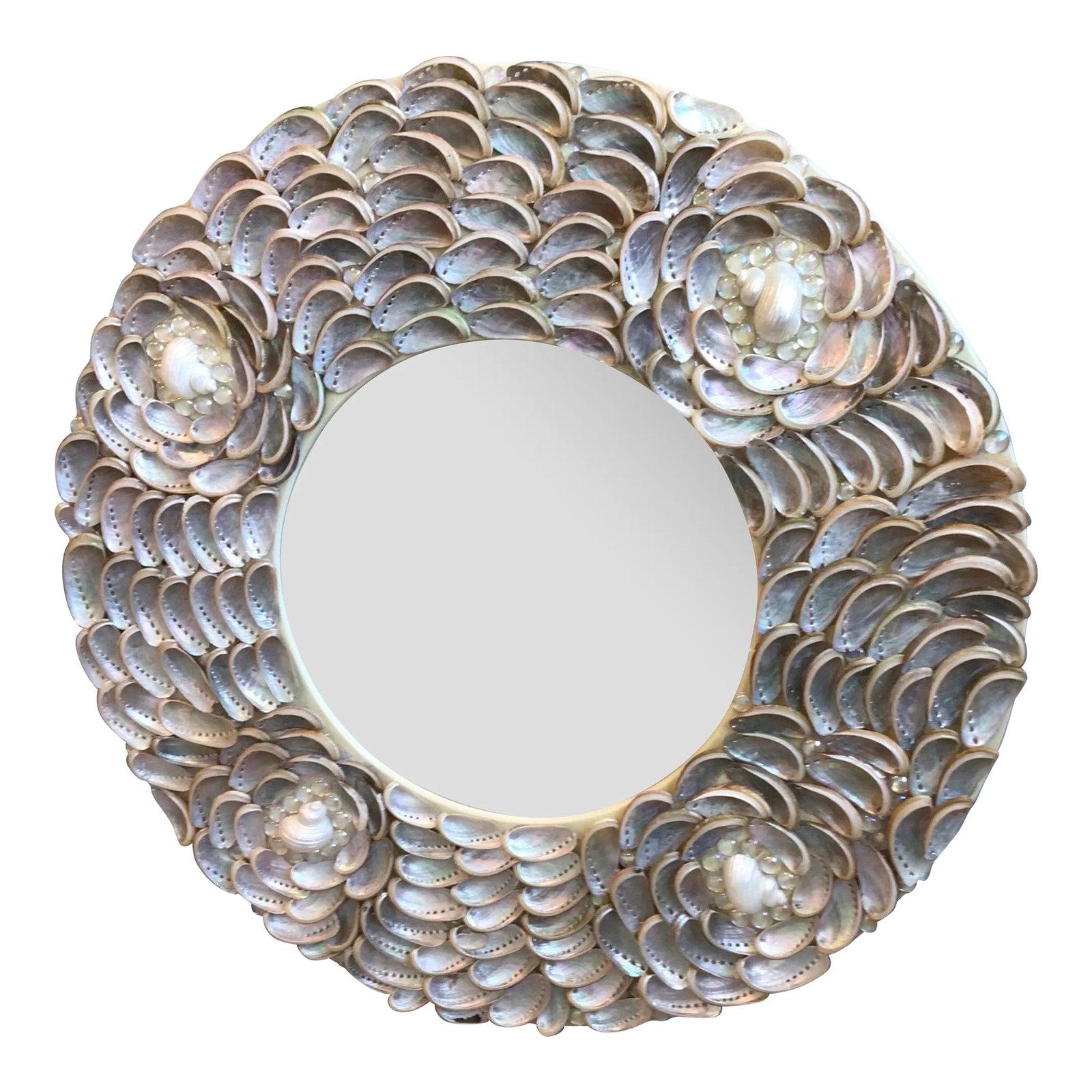 Stunning Silver Iridescent Abalone Seashells ...Rosette Pattern: STUNNING ROUND MIRROR IN SILVER ABALONE SHELLS Perfectly round Mirror festooned with pretty delicate silver grey iridescent natural ABALONE shells highlighted by white turbo buds and glowing glass