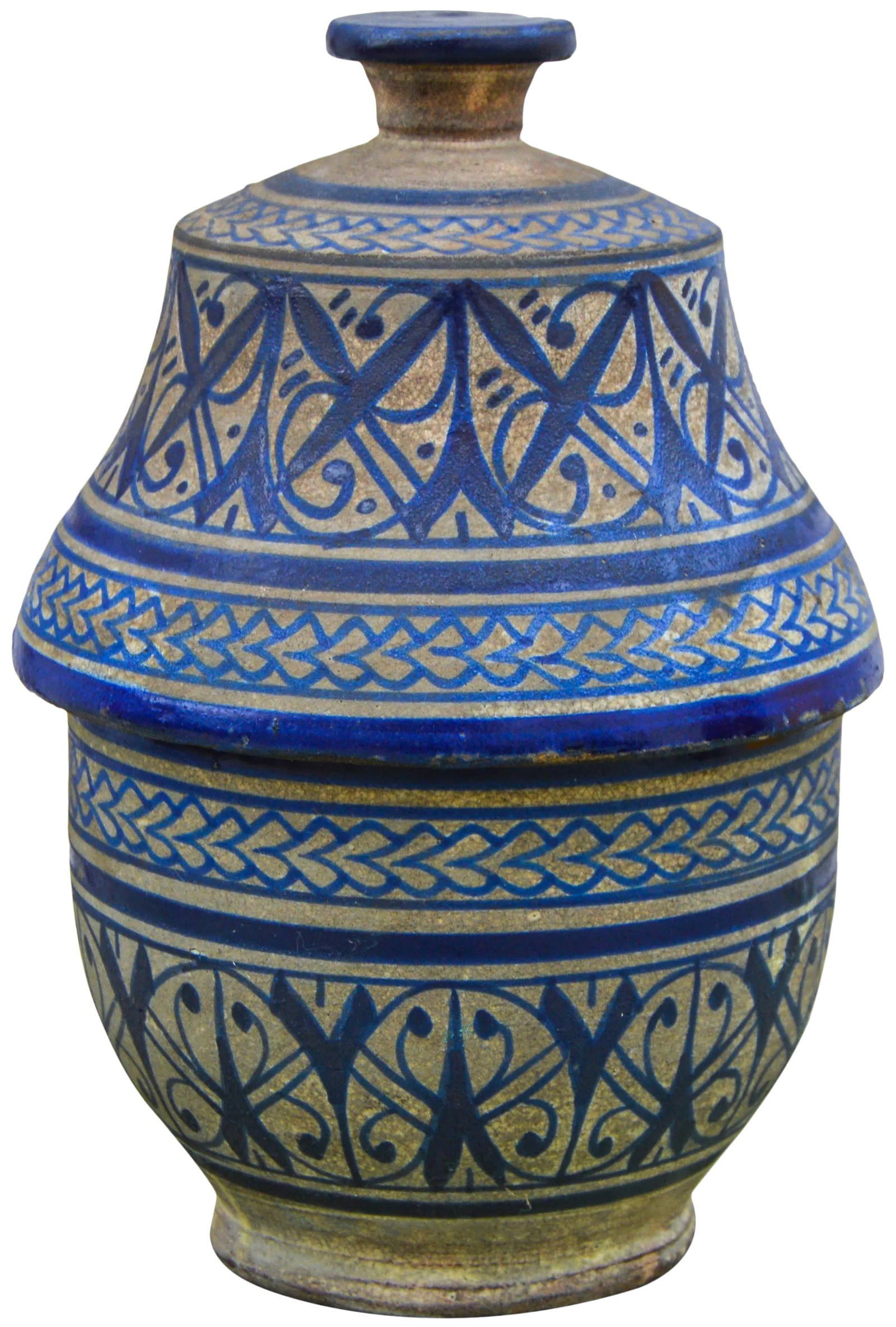 Early 20th Century Blue Arabesque Lidded Bowl: Antique handcrafted ceramic bowl with lid from Fez, Morocco. Hand-painted with a Moorish pattern in blue. Signed Fez in Arabic on underside. This beautiful accent ships within 1-2 business days from