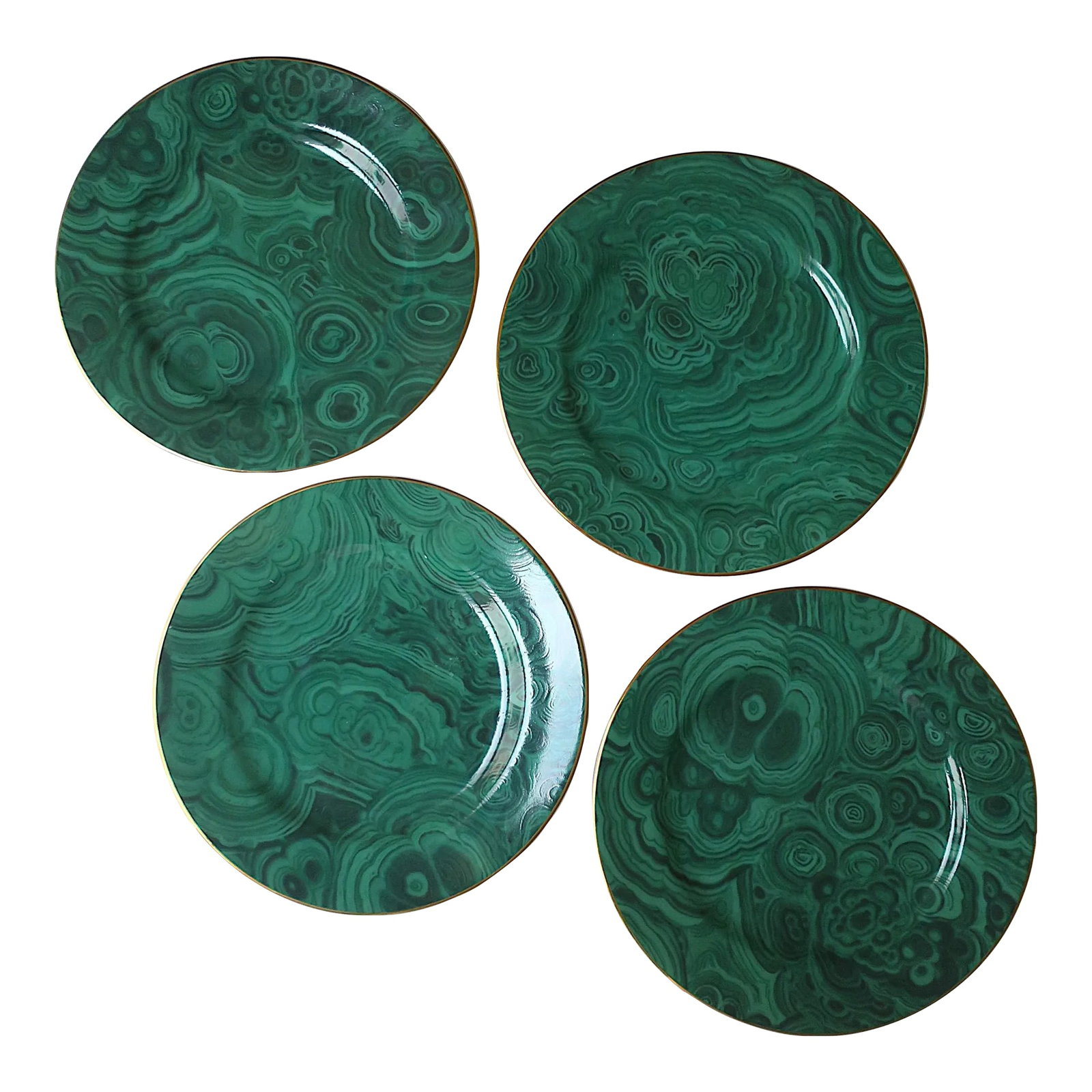 Malachite Porcelain Plates, Set of 4: A beautiful set of four (4) porcelain appetizer, bread, dessert plates, etc., with a green faux-malachite design, circa late-20th century, 1980s, '90s. These porcelain plates depict beautiful green