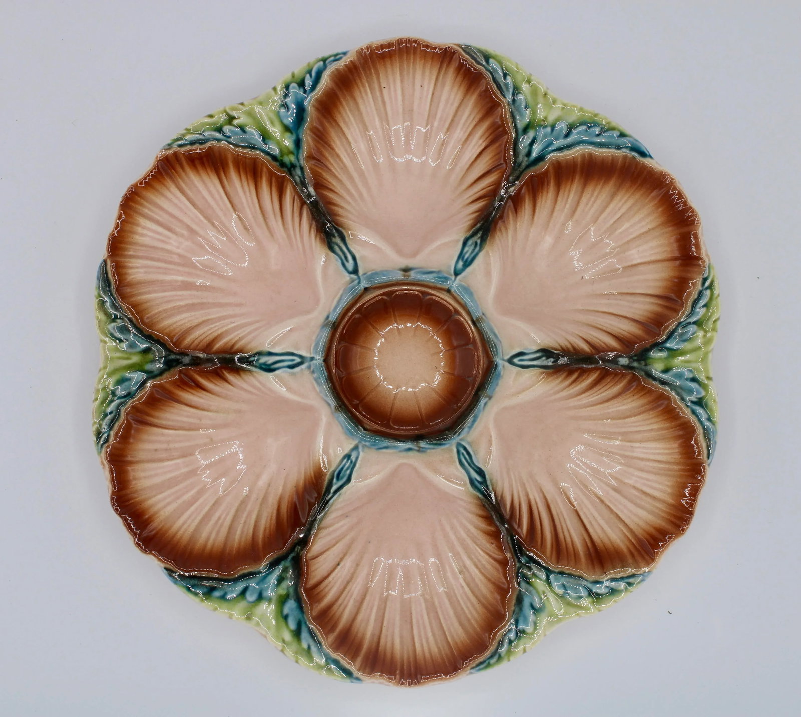 1940s French Art Deco Blue Green and Peach Ceramic Oyster Plate - 10