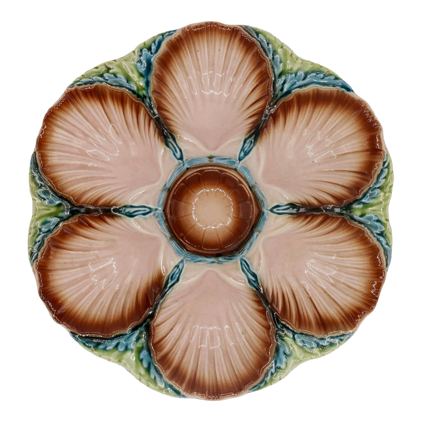 1940s French Art Deco Blue Green and Peach Ceramic Oyster Plate: A stunning Art Deco style French oyster plate with lovely shades of blue, green and peach. With a unique geometric shape, and eye-catching color contrasts; this is the perfect addition to your oyster
