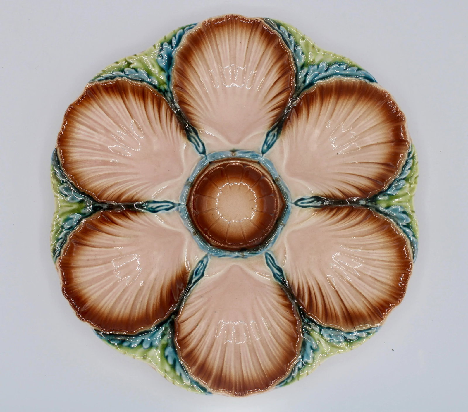 1940s French Art Deco Blue Green and Peach Ceramic Oyster Plate - 2
