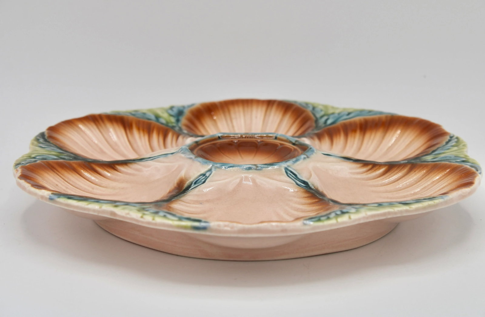 1940s French Art Deco Blue Green and Peach Ceramic Oyster Plate - 7
