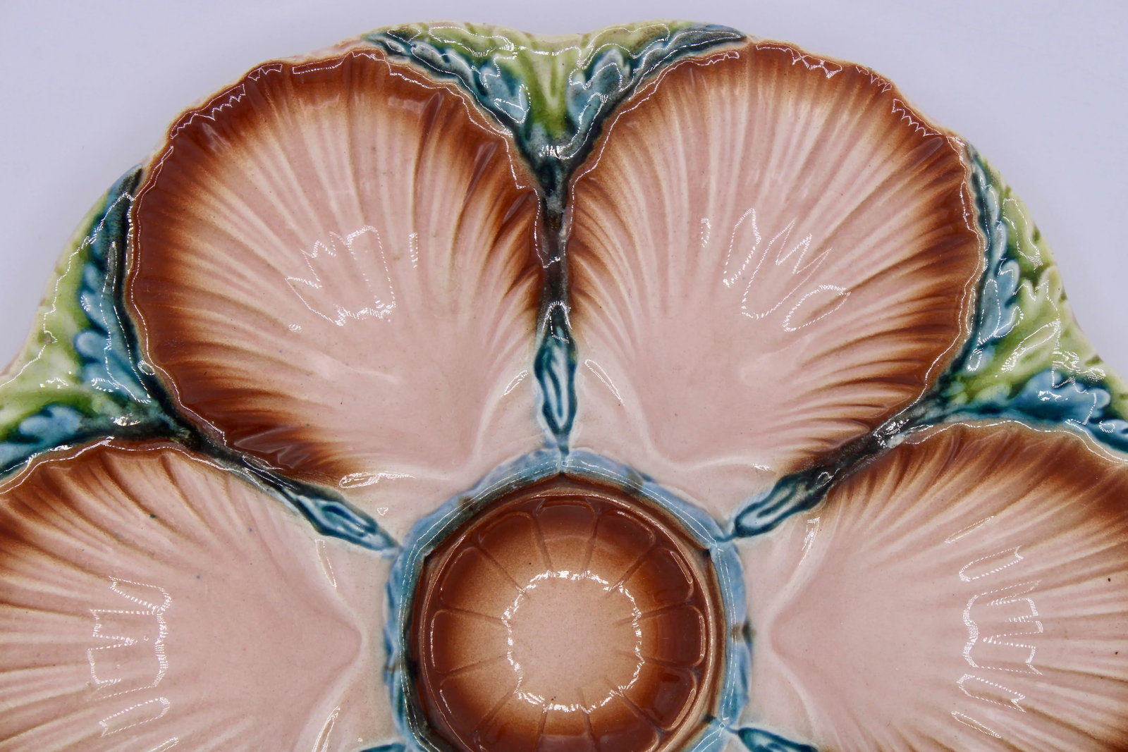 1940s French Art Deco Blue Green and Peach Ceramic Oyster Plate - 8
