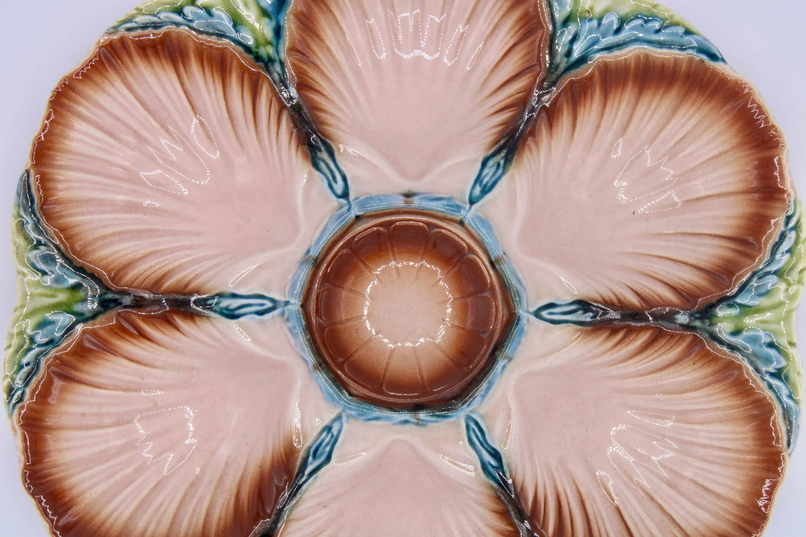 1940s French Art Deco Blue Green and Peach Ceramic Oyster Plate - 9