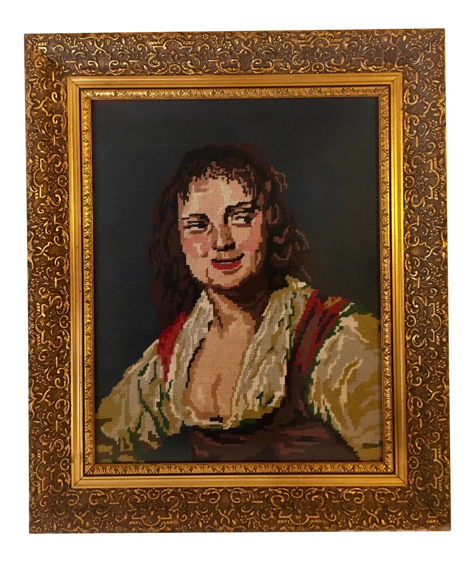 Boho Chic Royal Paris Optic Needlepoint Portrait in Antique Gilded Frame: Charmingly odd and optical, this blown-up and sort of pixelated detail of a portrait of a woman executed in needlepoint. Enclosed in an antique gilded, most likely Victorian, frame and glare-proof