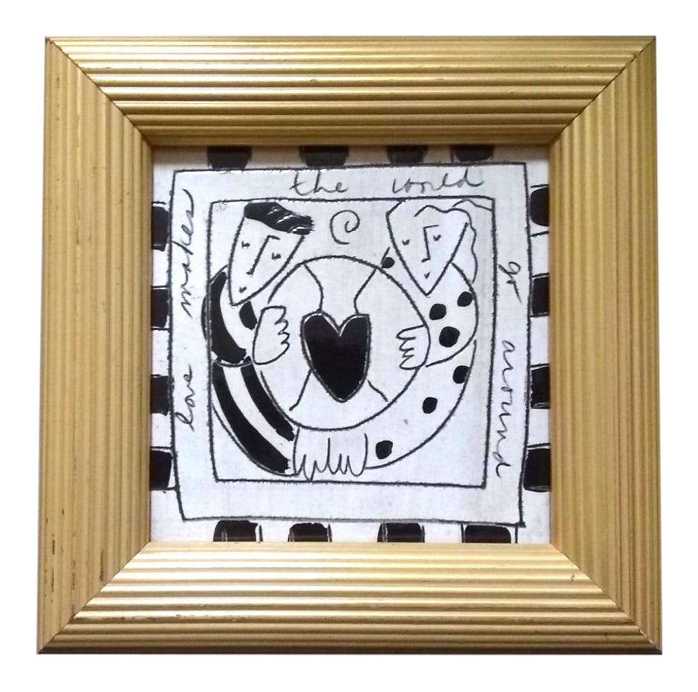 1990s "Love Makes the World Go Around" Framed Original Ceramic Tile by Mia Sar: Fun and inspiring art tile framed.Tile is 5.5" x 5.5", with frame it is 8.5" x 8.5". Frame is contemporary design and gold leafed. This was purchased in the mid 1990s at Serendipity