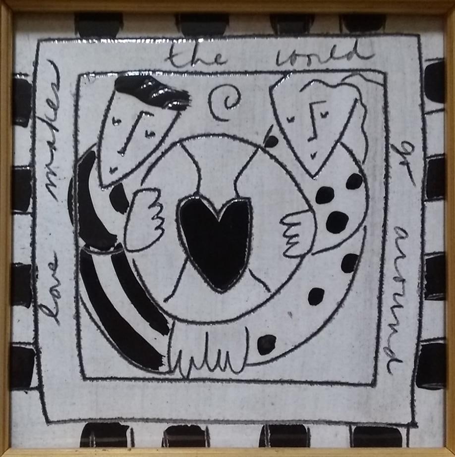 1990s "Love Makes the World Go Around" Framed Original Ceramic Tile by Mia Sar - 2