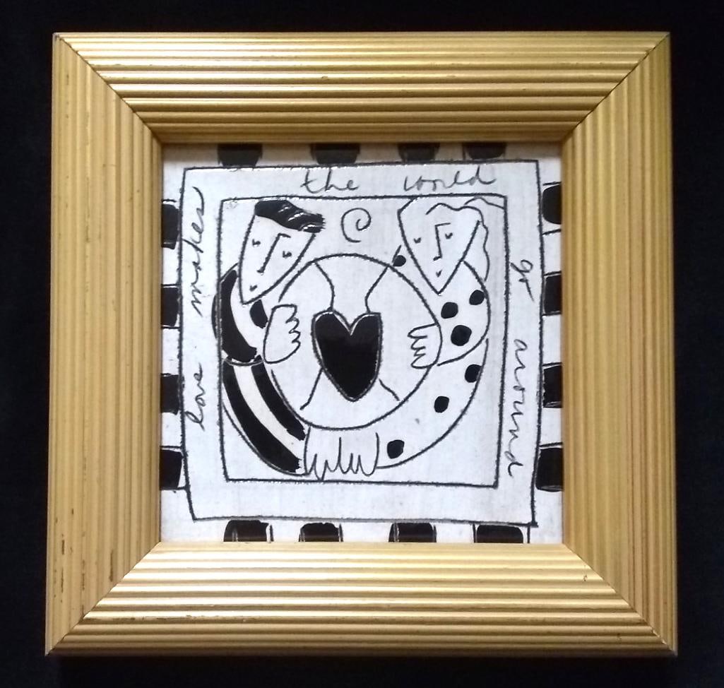 1990s "Love Makes the World Go Around" Framed Original Ceramic Tile by Mia Sar - 5