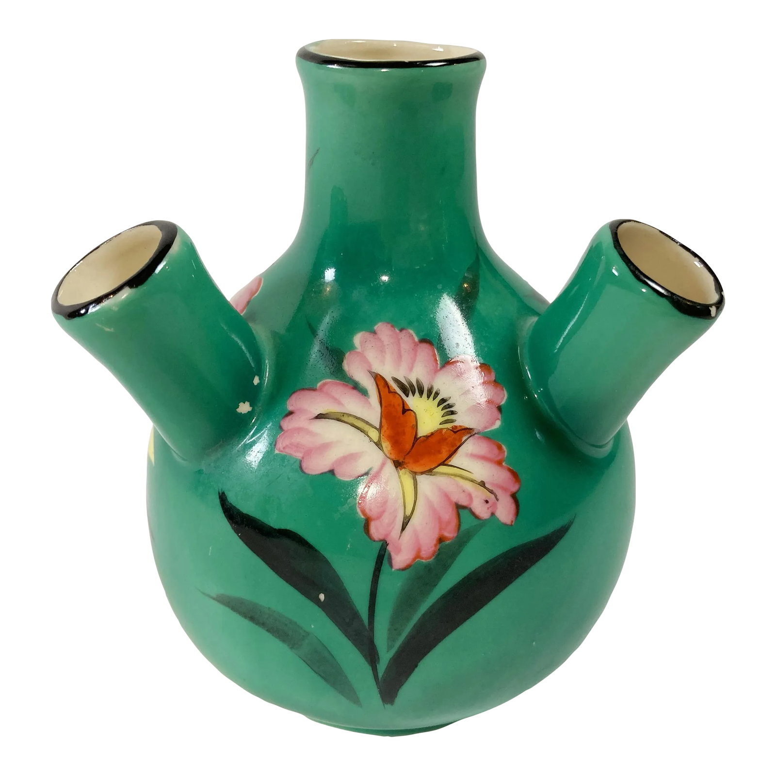 Antique Hand-Painted Floral Motif Japanese Tulipiere: Richly colored hand-painted tulipiere made in Japan. Features stunning color palette primarily of bold green, pink, yellow and black. These are typically designed to accommodate one stem per spout,