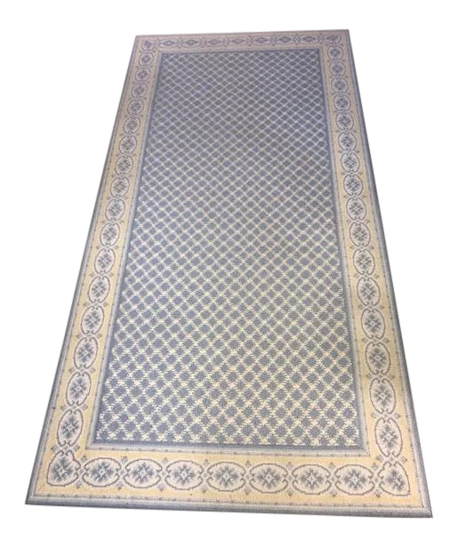Stanton Country Border Rug in Blue and Yellow - 3'6'' * 6'10'': Beautiful Border Rug by Stanton. Light Blue and Yellow such a beautiful combination. Measures: 42 w. 82 long Please note that the border is pulling away from the center on two sides and needs rug