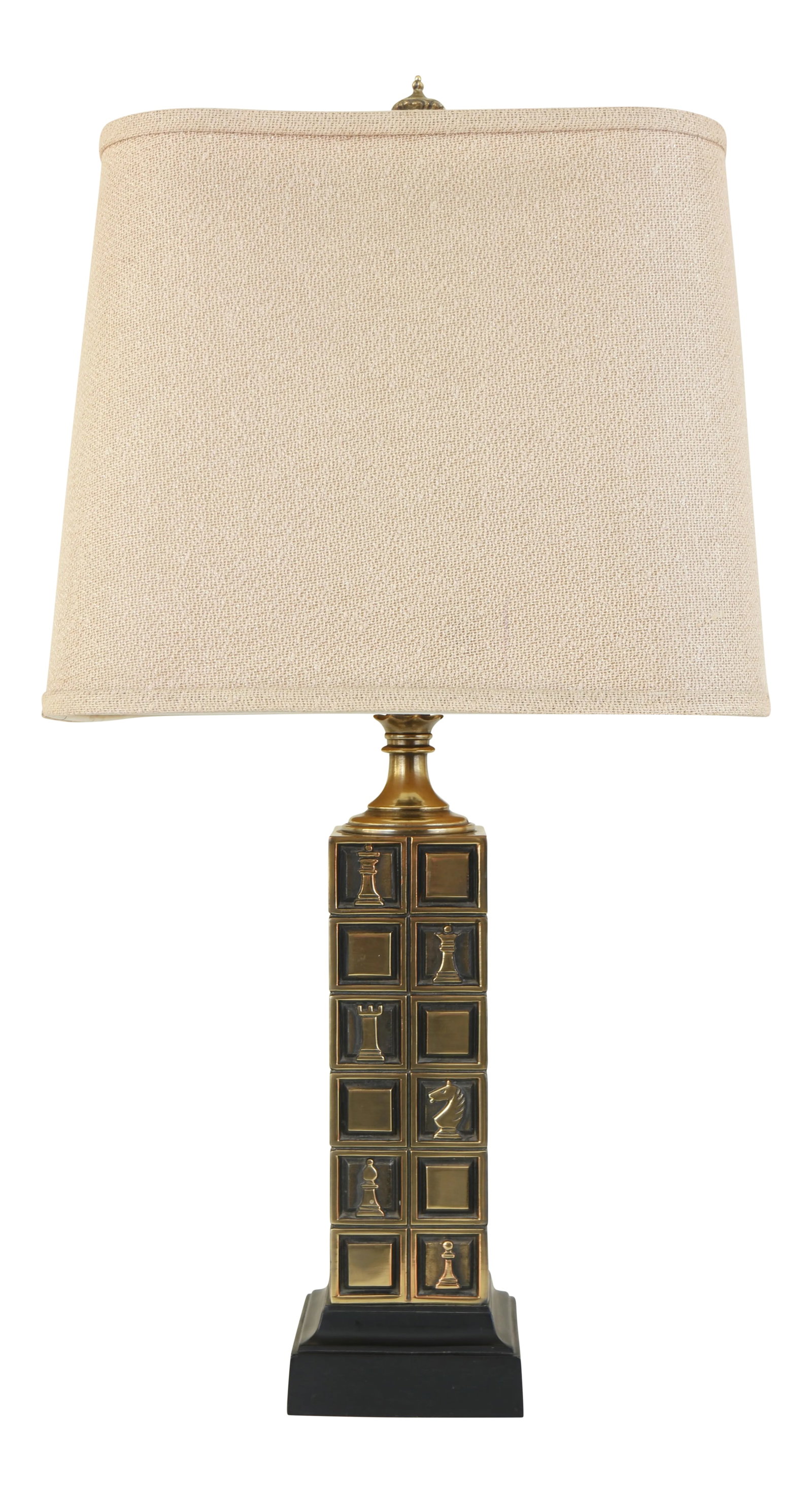 Vintage Mid Century Modern Brass Chess Themed Table Lamp With Shade: This unique chess-themed table lamp is made of solid brass in the 1970's. The on/off switch is two-stage, being able to be set at two levels of brightness, with the correct type of bulb. The