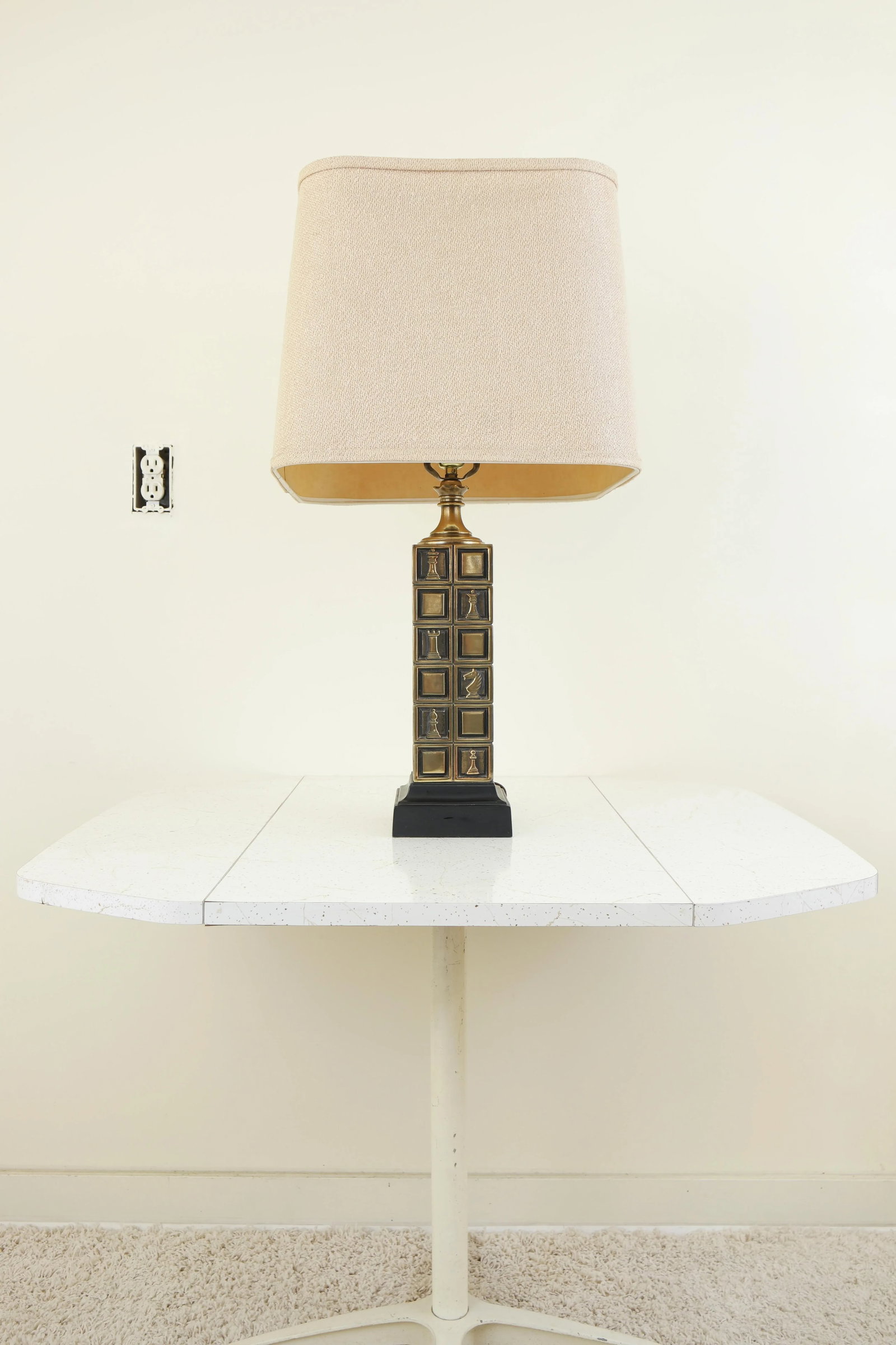 Vintage Mid Century Modern Brass Chess Themed Table Lamp With Shade - 2