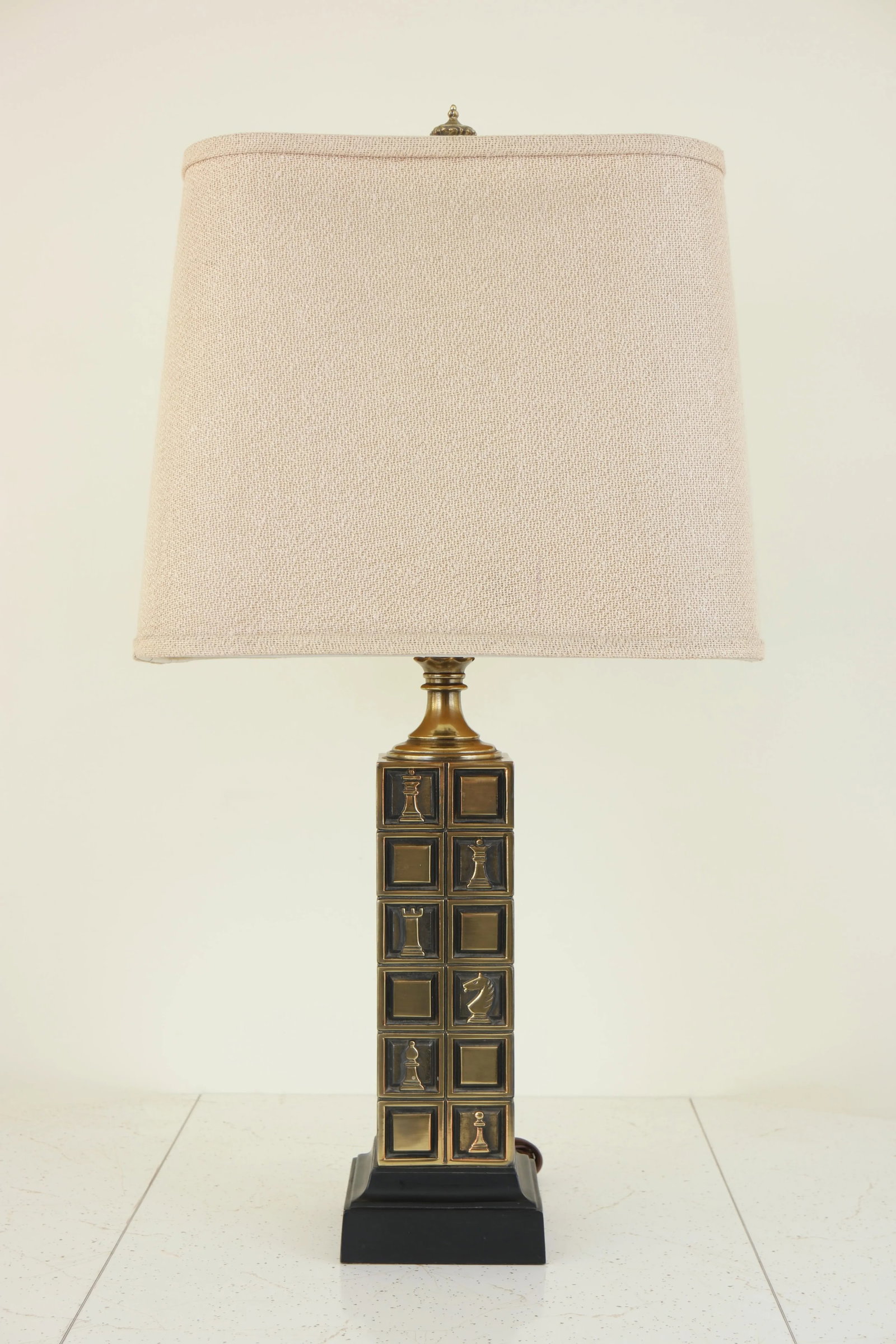 Vintage Mid Century Modern Brass Chess Themed Table Lamp With Shade - 3