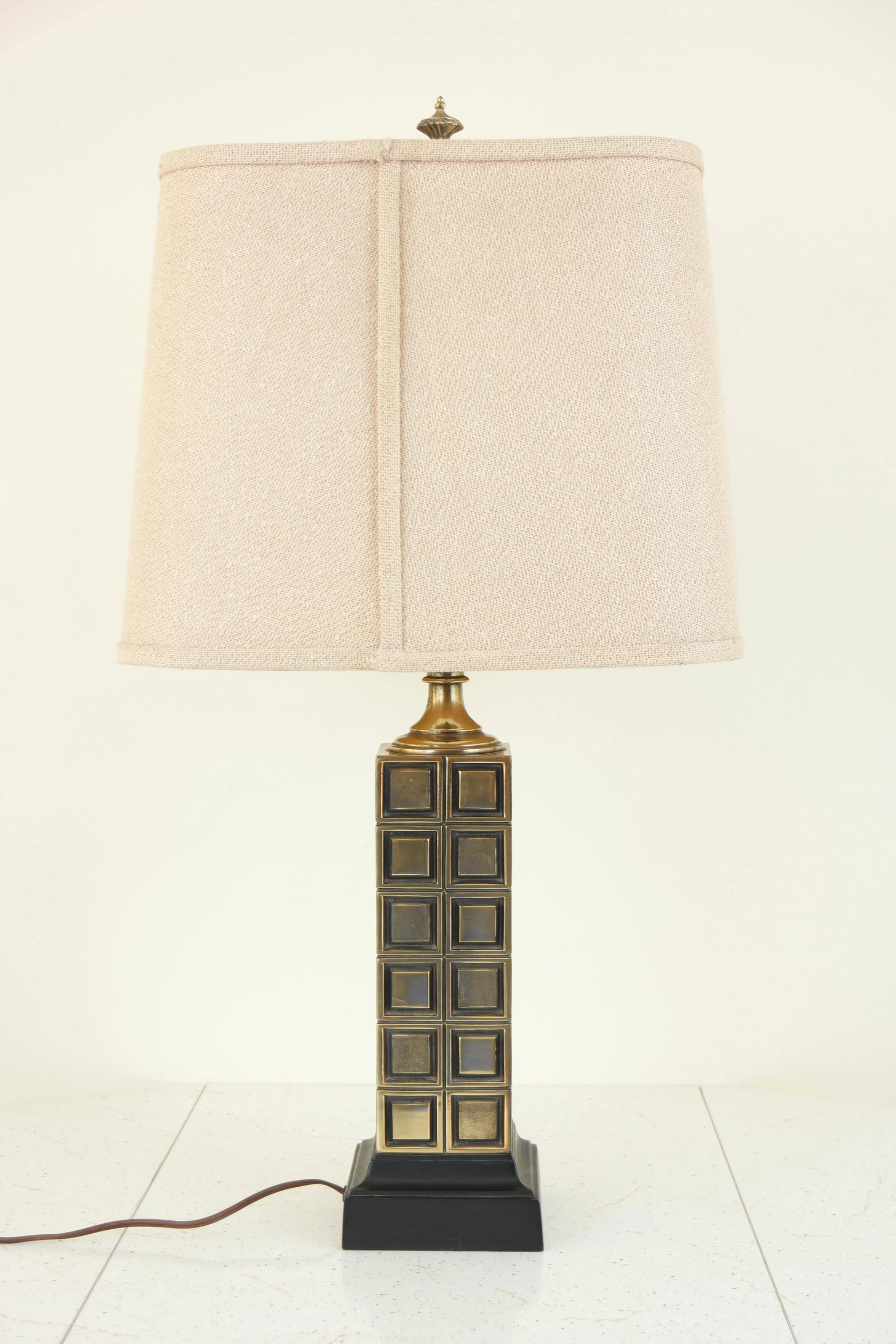 Vintage Mid Century Modern Brass Chess Themed Table Lamp With Shade - 4