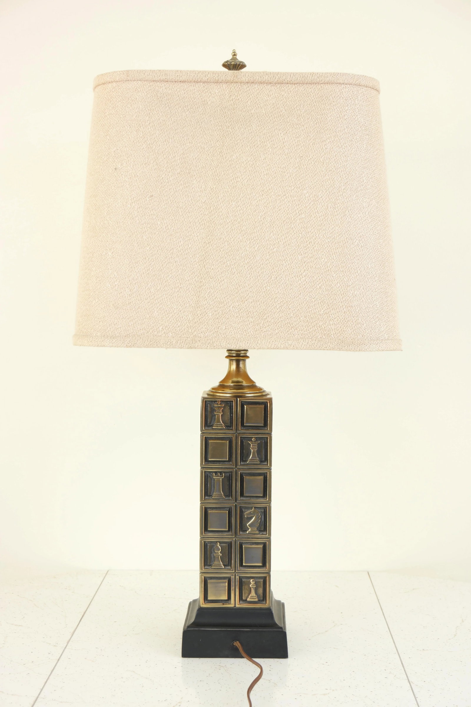 Vintage Mid Century Modern Brass Chess Themed Table Lamp With Shade - 5