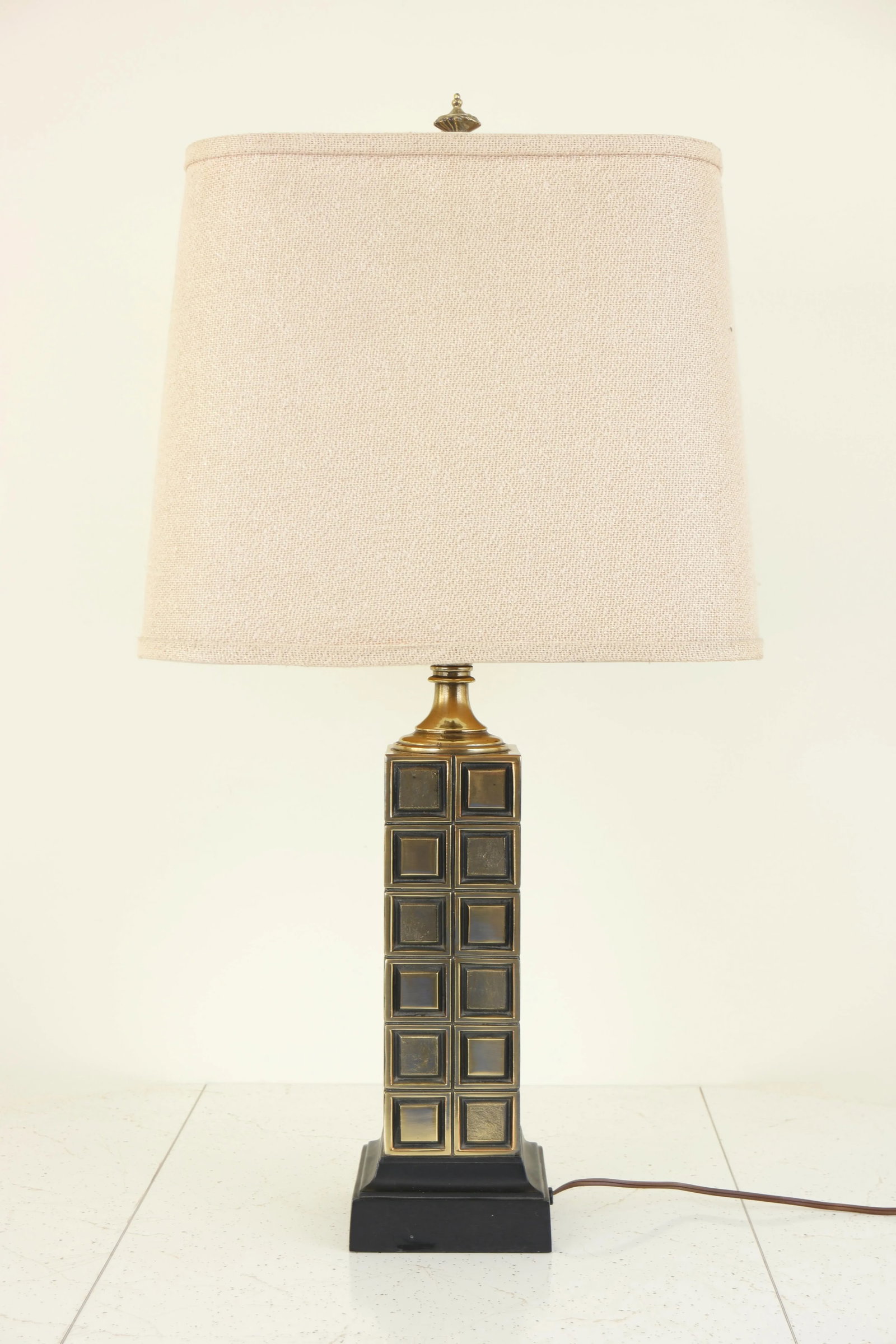 Vintage Mid Century Modern Brass Chess Themed Table Lamp With Shade - 6