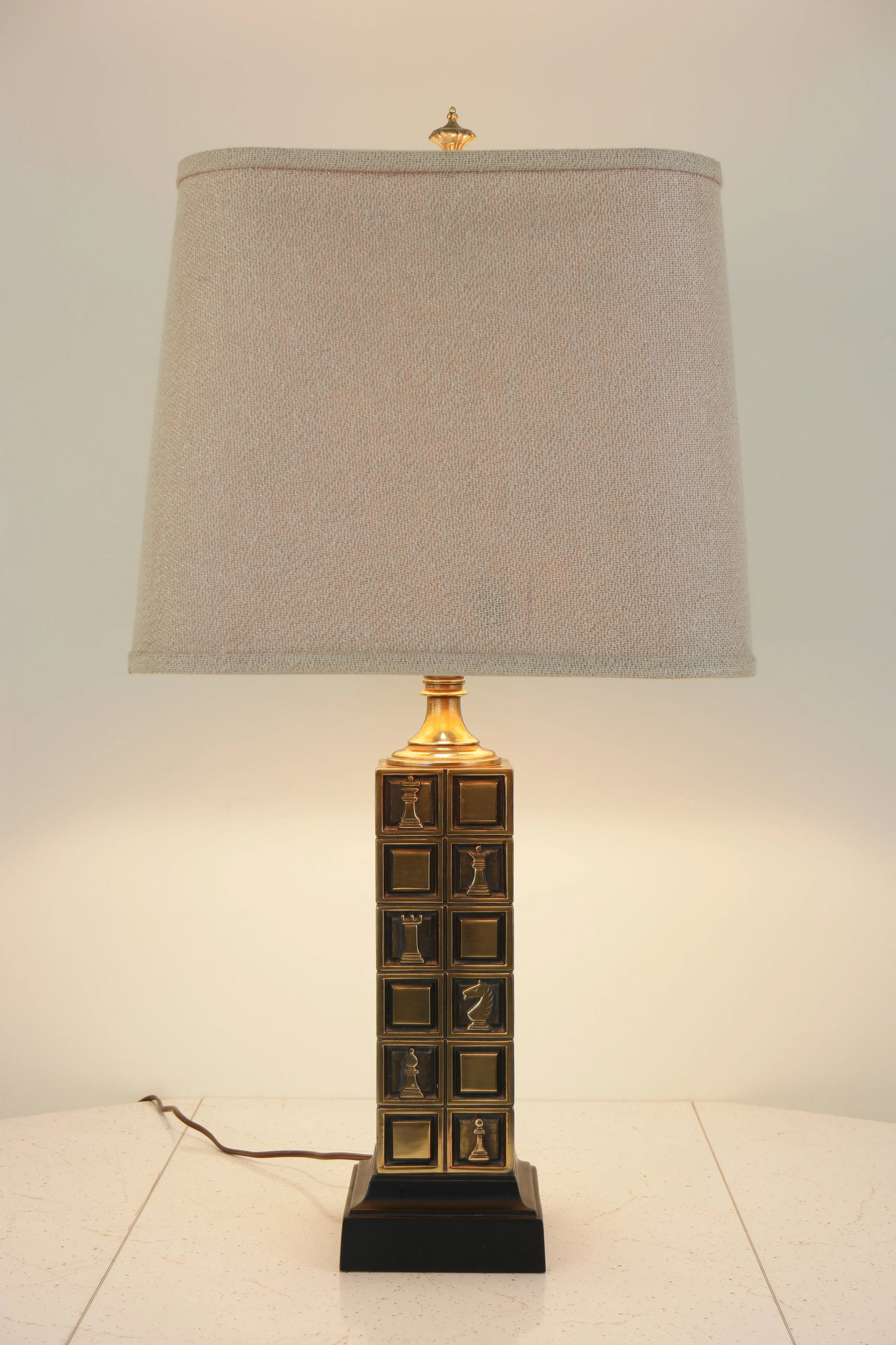 Vintage Mid Century Modern Brass Chess Themed Table Lamp With Shade - 7