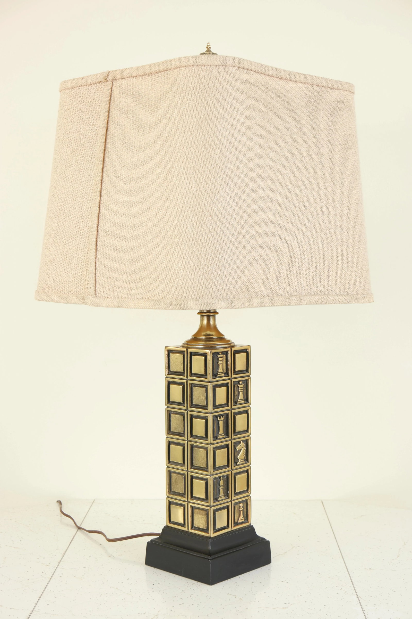 Vintage Mid Century Modern Brass Chess Themed Table Lamp With Shade - 8