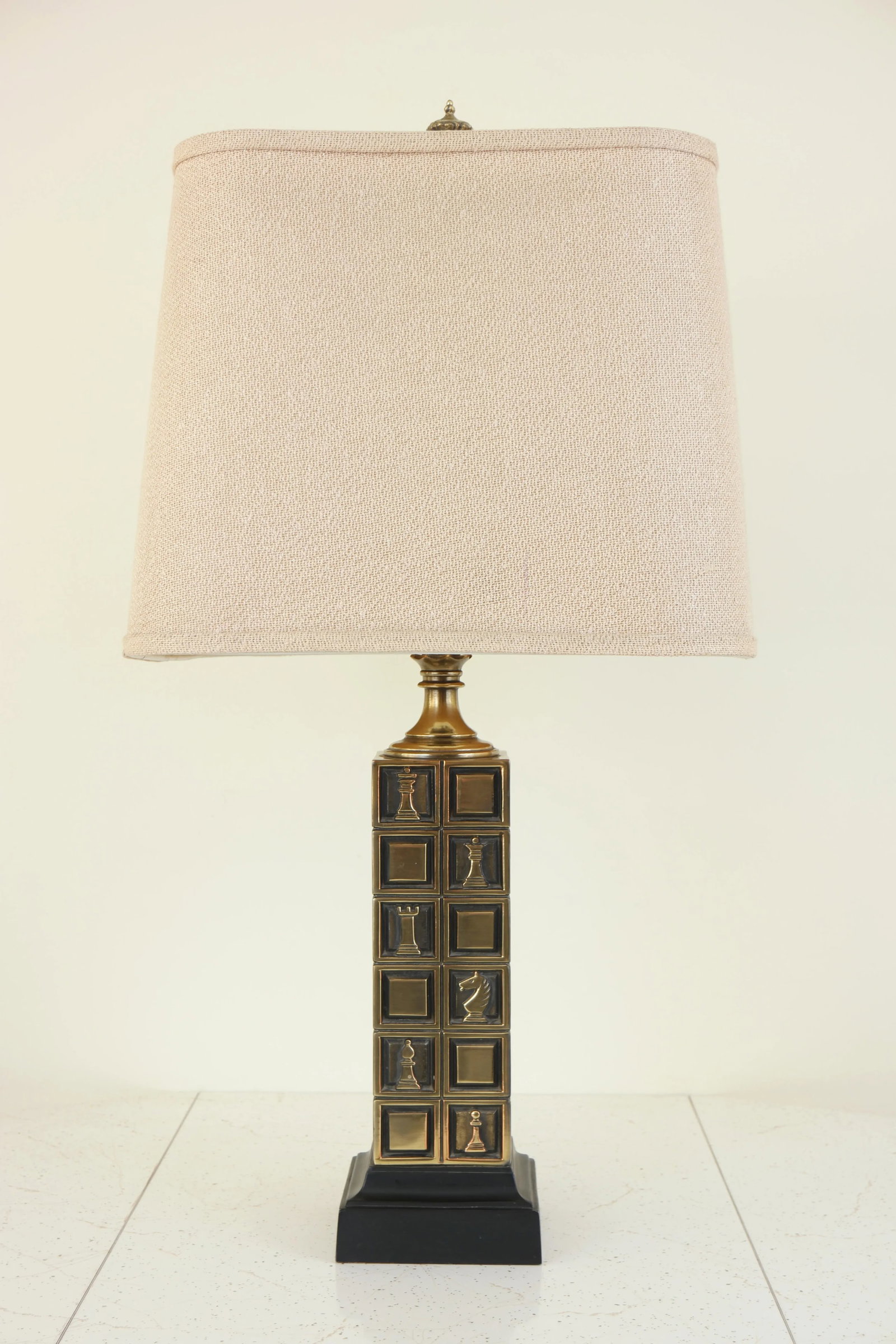 Vintage Mid Century Modern Brass Chess Themed Table Lamp With Shade - 9