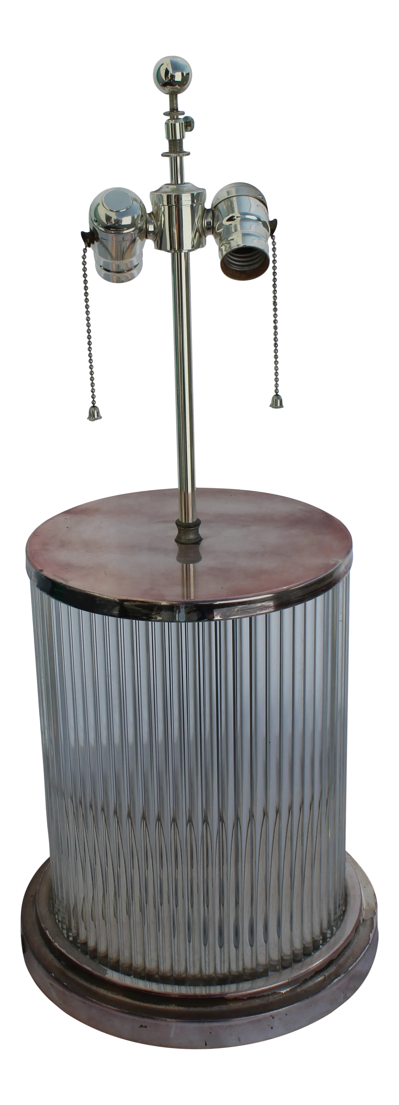Art Deco Modern Glass Rods Silver Plated Deluxe Double Socket Assy Table Lamp: Good looking Art Deco Lamp. Custom made for lighting showroom in LA. Copied from an original. Real glass rod,s. Metal is Silver plated and clear coated. Has the deluxe double socket with pull chains.
