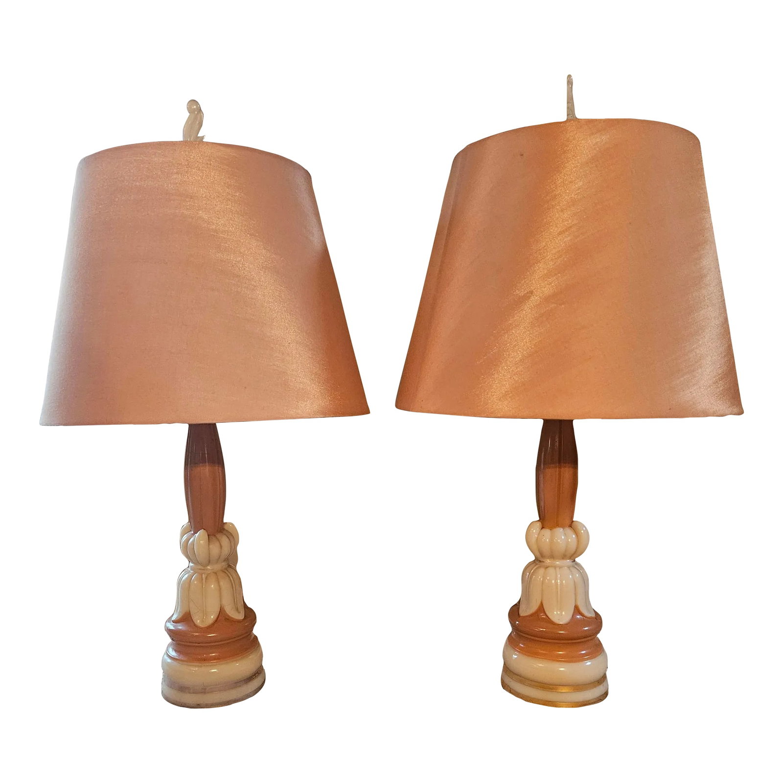 Vintage Art Deco Aladdin Attributed Alacite Grass Table Lamps - a Pair: Art Deco - Vintage Aladdin Alacite Glass Lamps, Original Alacite Glass Finials. Beautiful vintage shades included Circa 1938-42 Overall Height (base to top of finial) - 31" Base to bottom of bulb sock