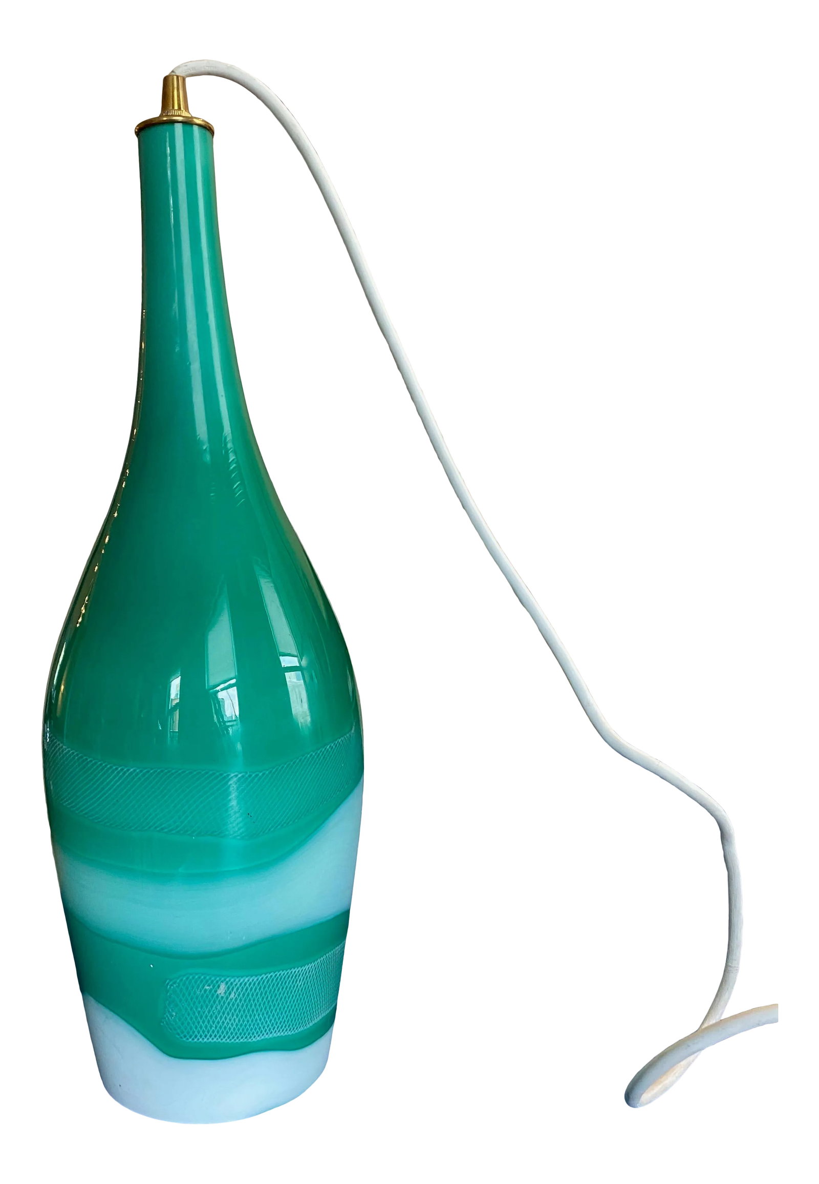 1950s Murano Glass Pendant: Hand blown blue/green pendant with white swirls in a smooth and grid like pattern. Condition: Alterations: Original Condition Unaltered Imperfections: Some Imperfections Condition Notes: Light marks
