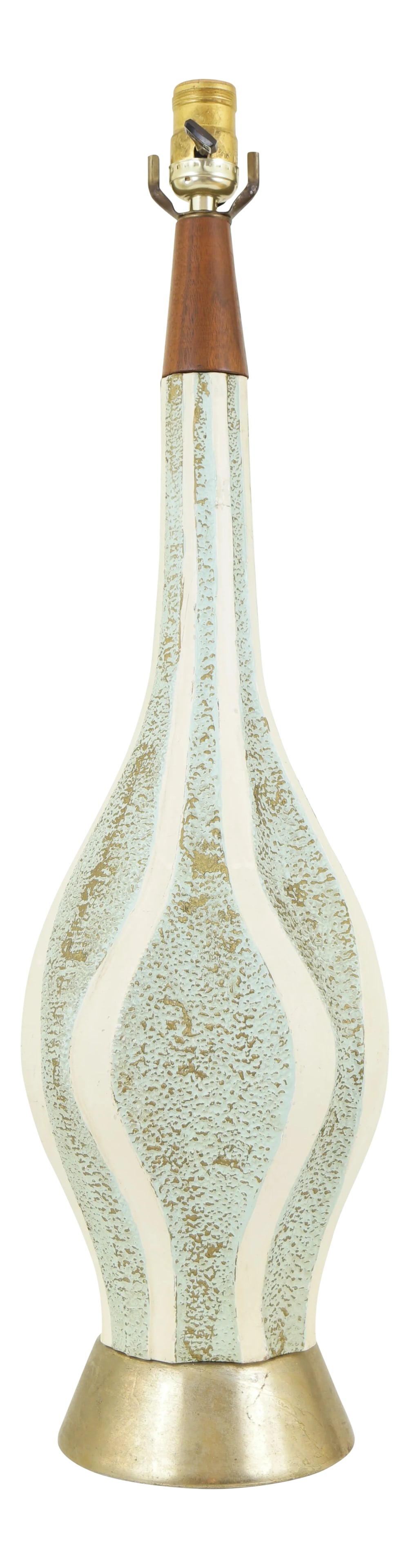 Mid Century Modern Teal & White Ceramic Table Lamp: Here's a prime example of mid century modern style at it's finest. This lamp is in excellent condition for it's age, without chips, cracks, or obvious scratches. The brass base has a nice aged