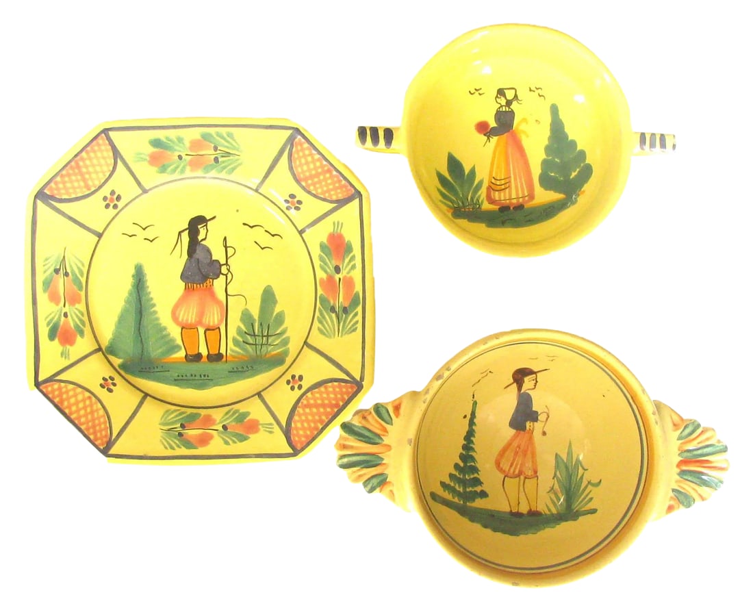 Vintage French Soleil Yellow Quimper Collection, Set of 3: A charming trio of traditional French Quimper ware in cheery yellow. Perfect for use or display. Each is signed with the artist's initials en verso and bear the marks of HB Quimper (see photos). The